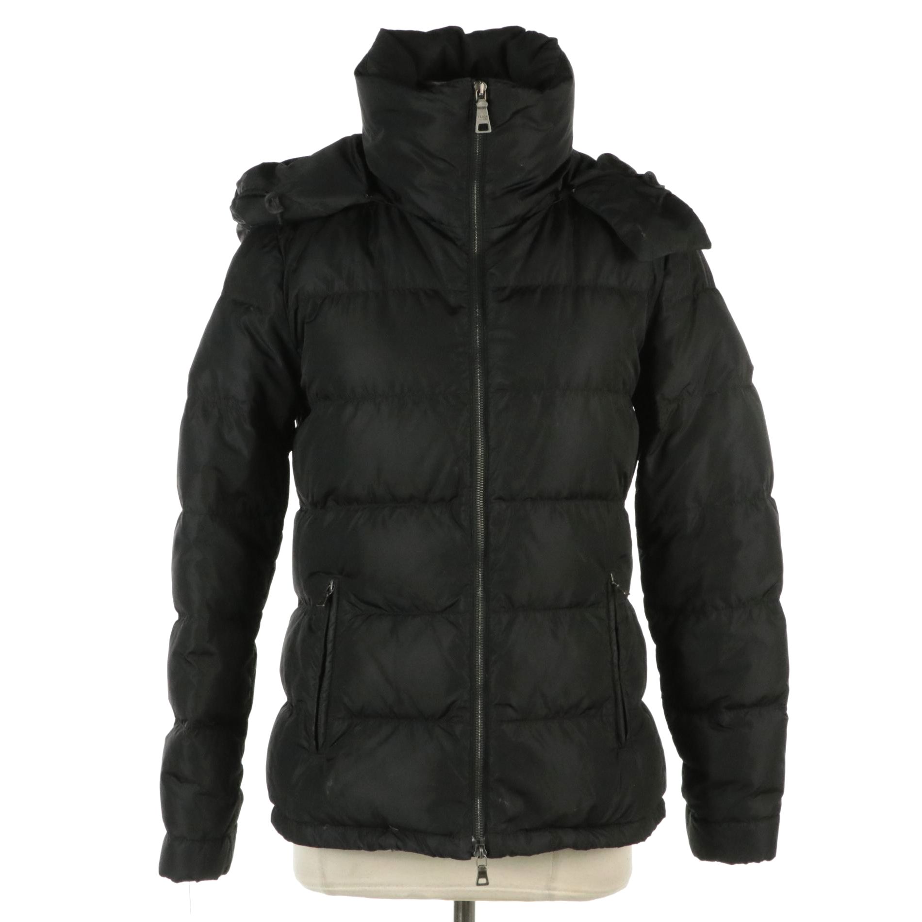 Prada Black Quilted Nylon Puffer Down Jacket with Detachable Hood