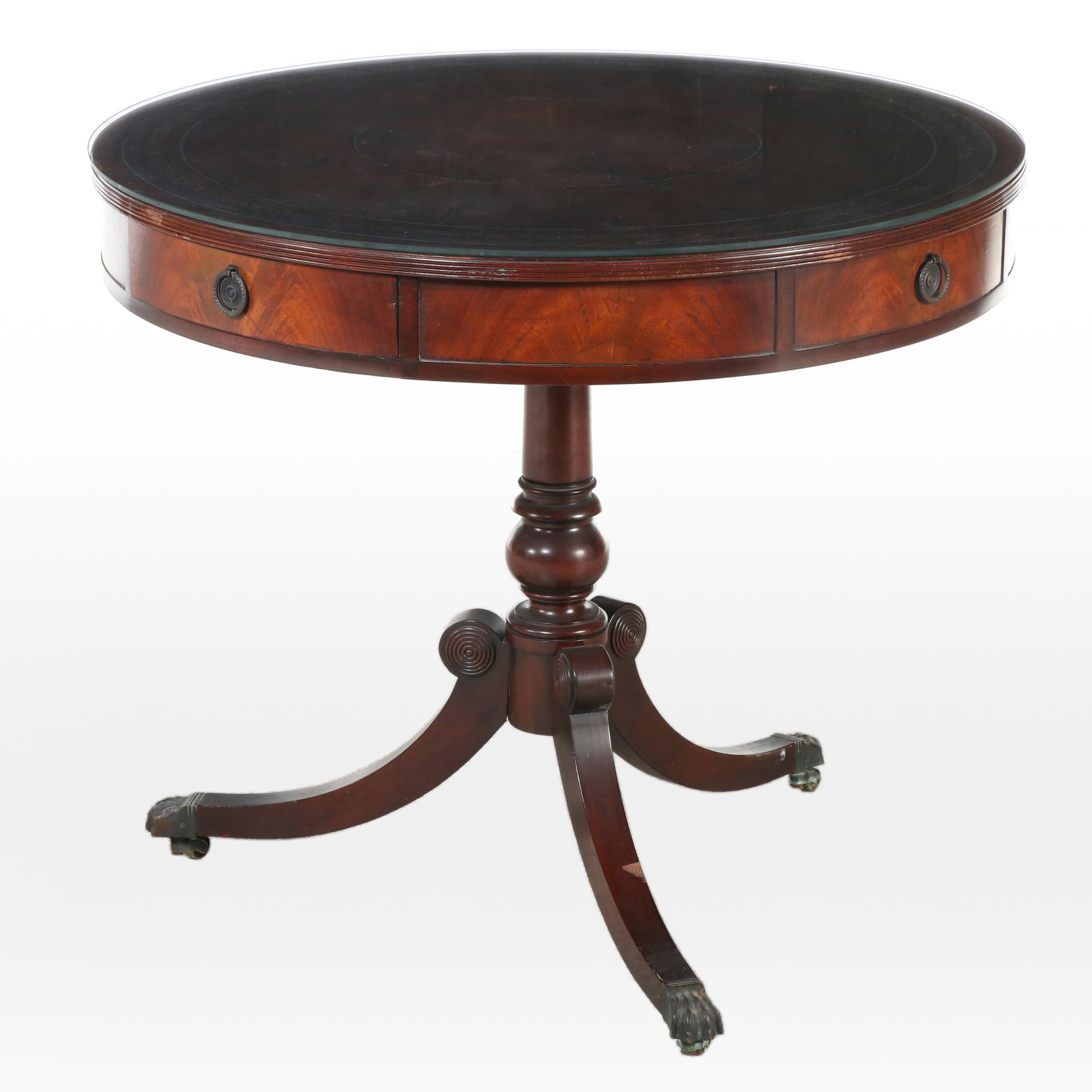 Duncan Phyfe Style Mahogany Drum Table with Tooled Leather Top