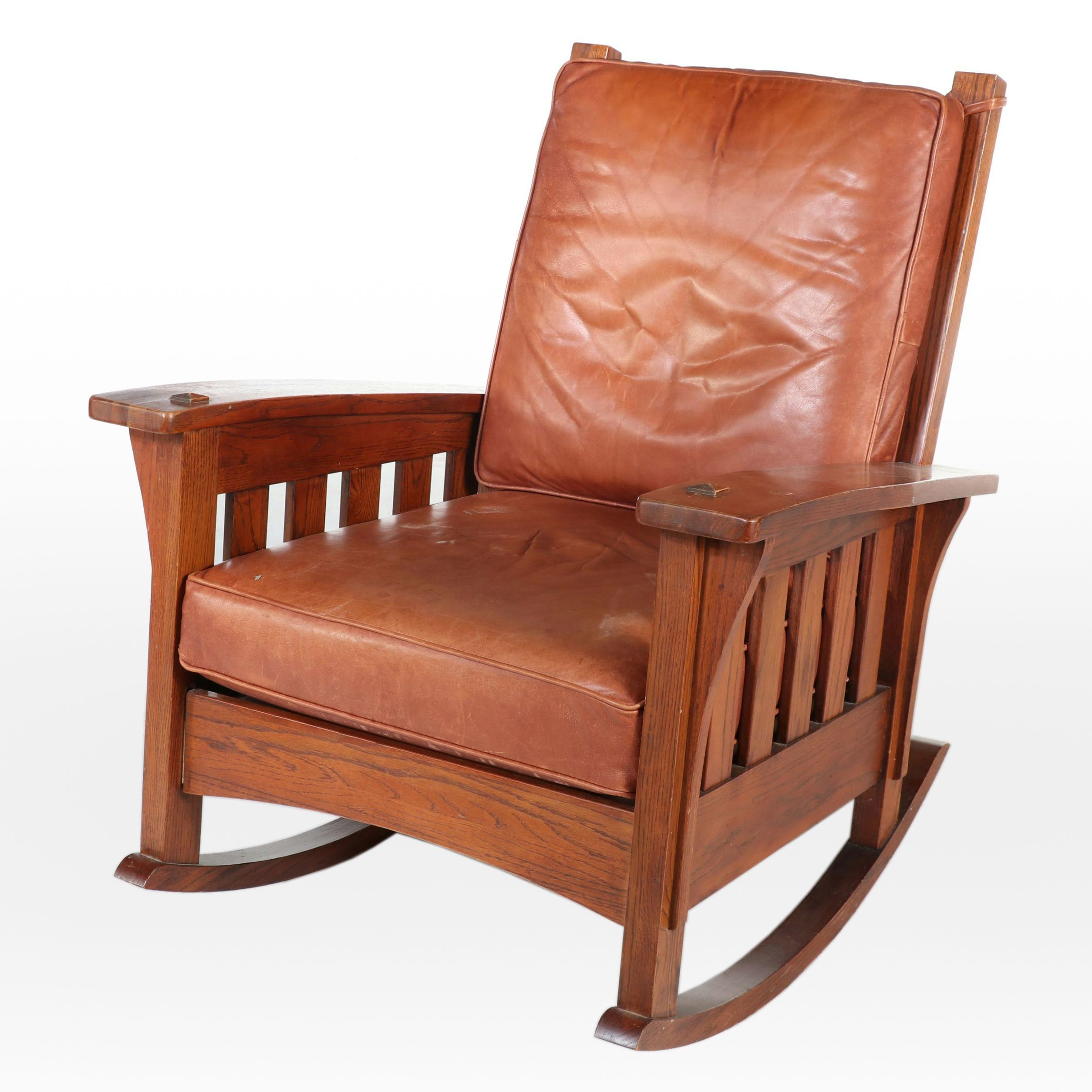 Craftsman Style Oak and Leather Rocking Chair, 20th Century