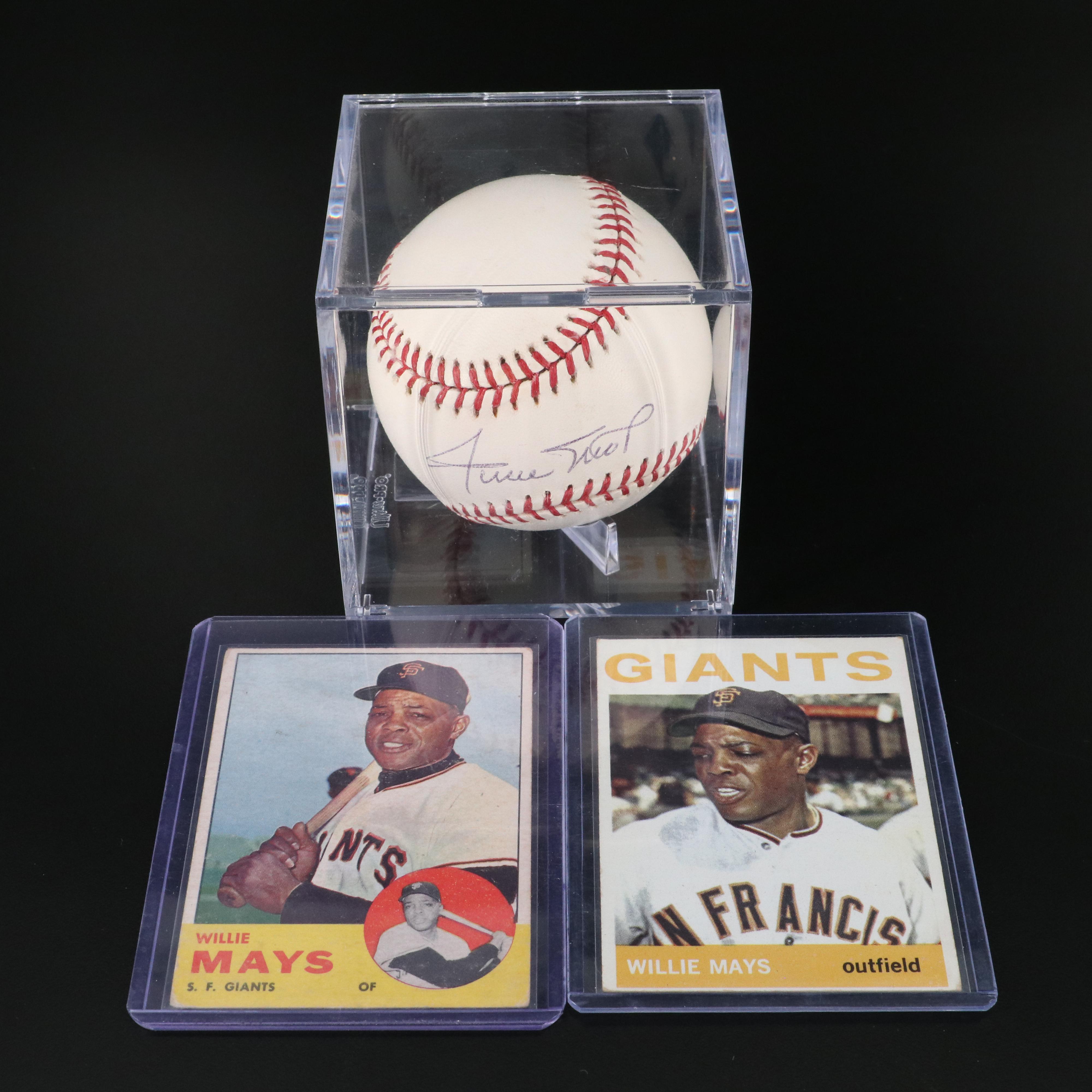 Willie Mays Signed Rawlings Official Baseball with 1963 and 1964 Topps Cards