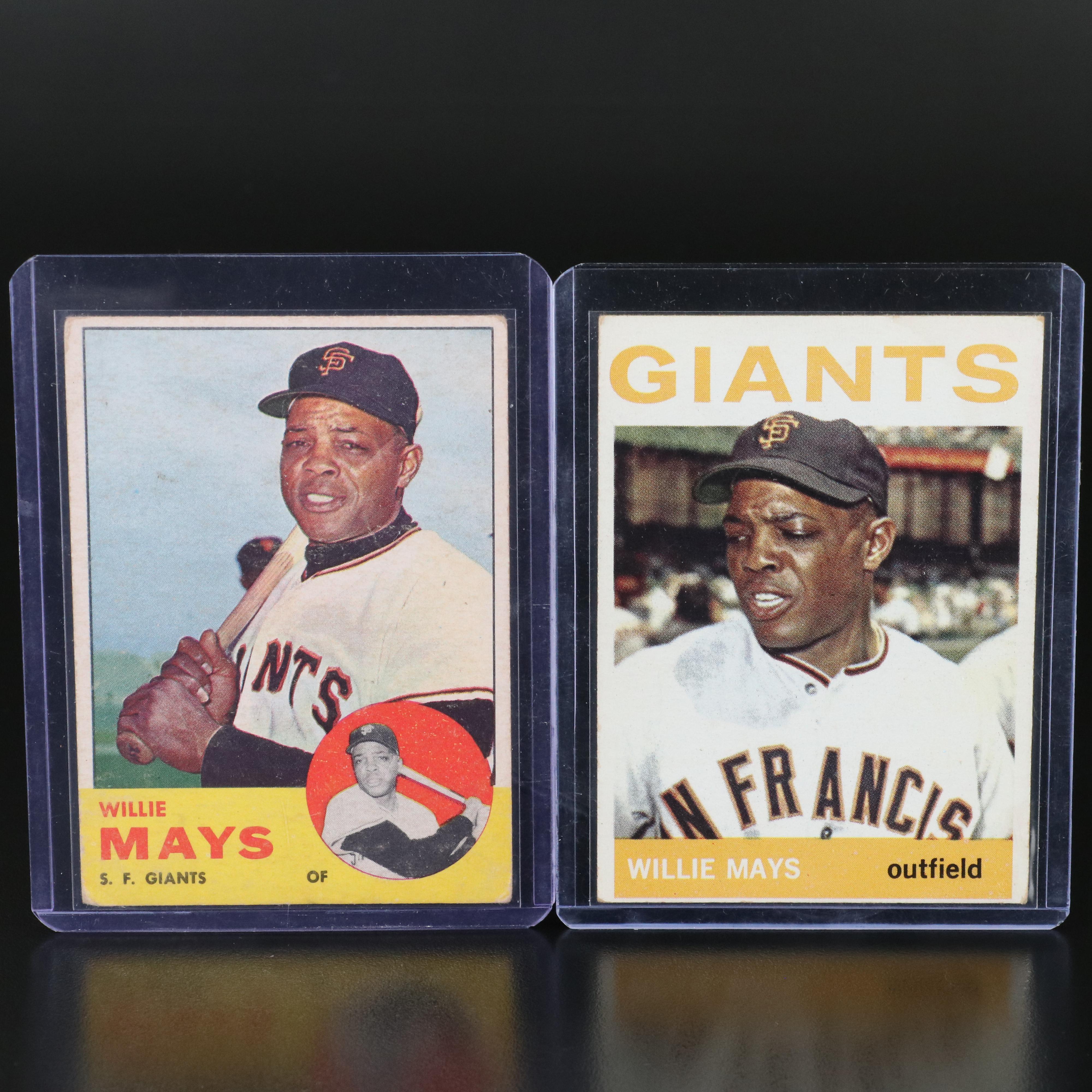 Willie Mays Signed Rawlings Official Baseball with 1963 and 1964 Topps Cards