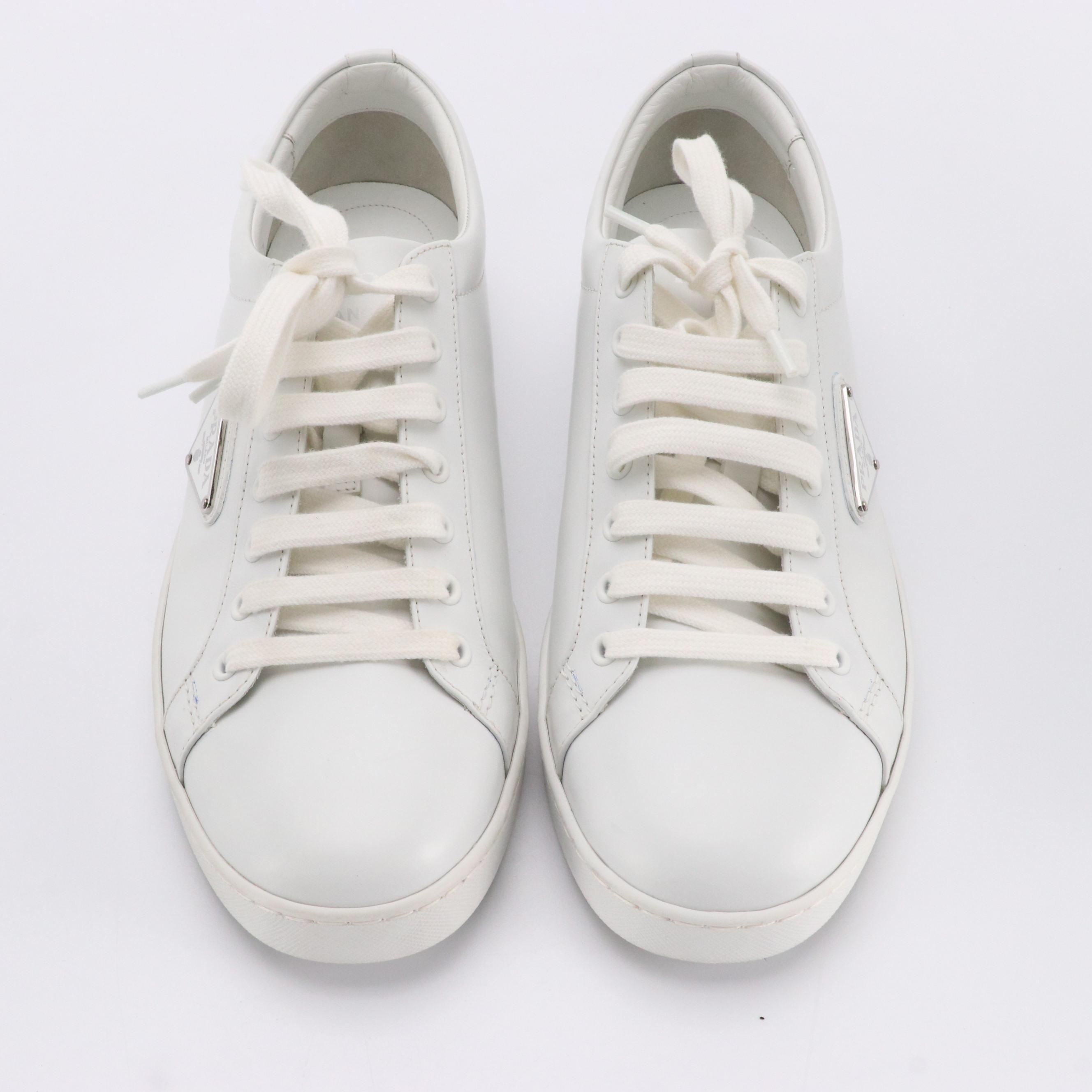 Men's Prada White Leather Low Top Lace-Up Sneakers
