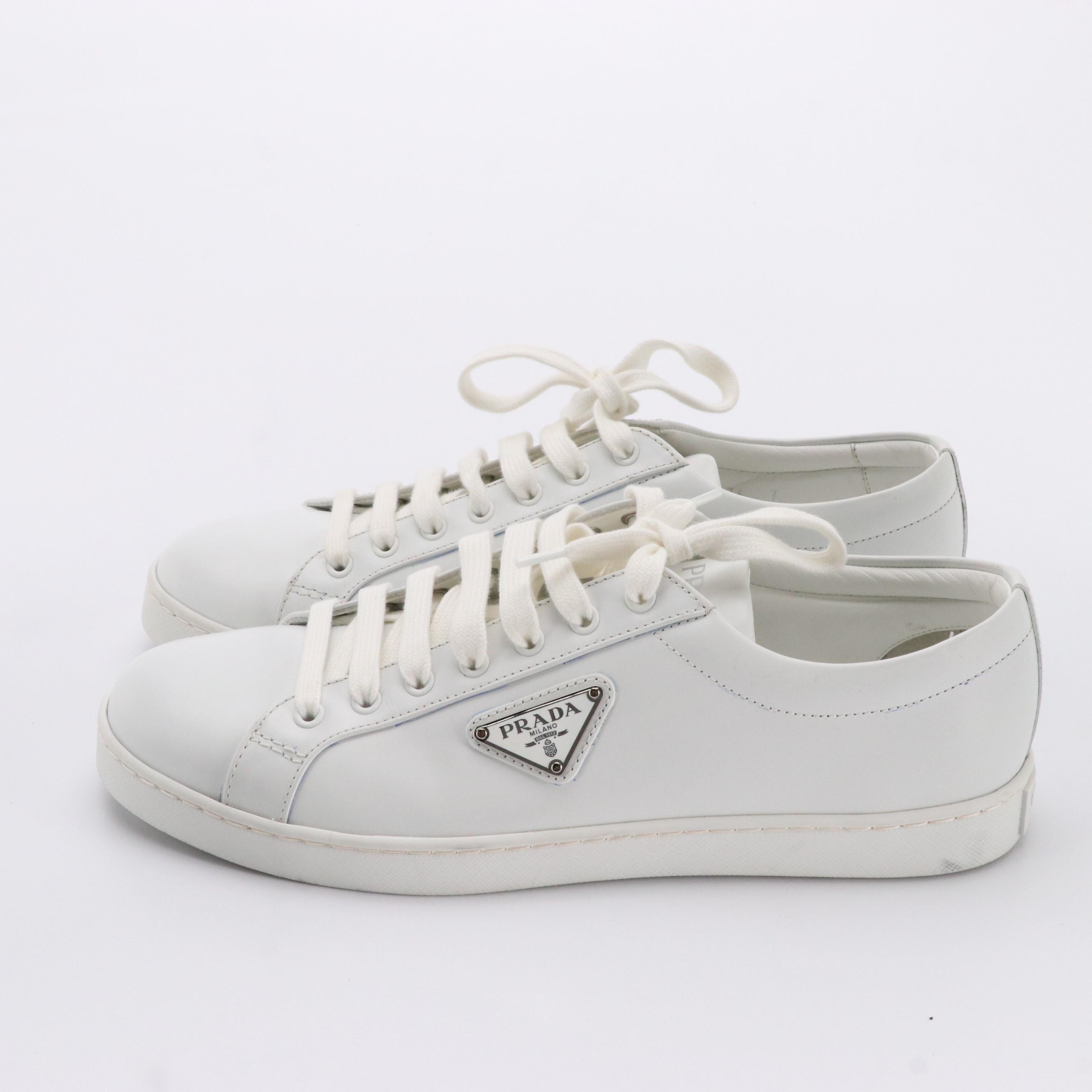 Men's Prada White Leather Low Top Lace-Up Sneakers