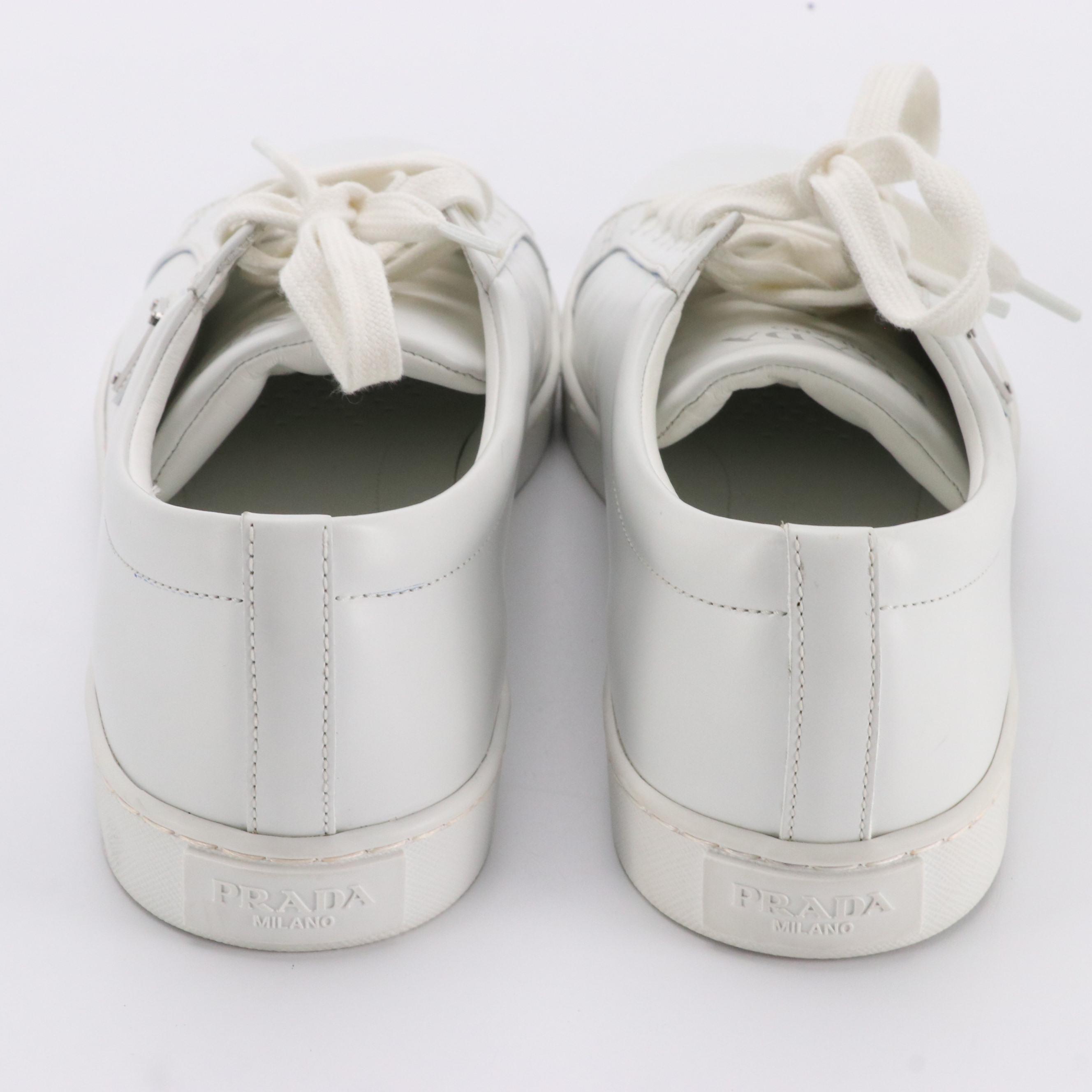Men's Prada White Leather Low Top Lace-Up Sneakers
