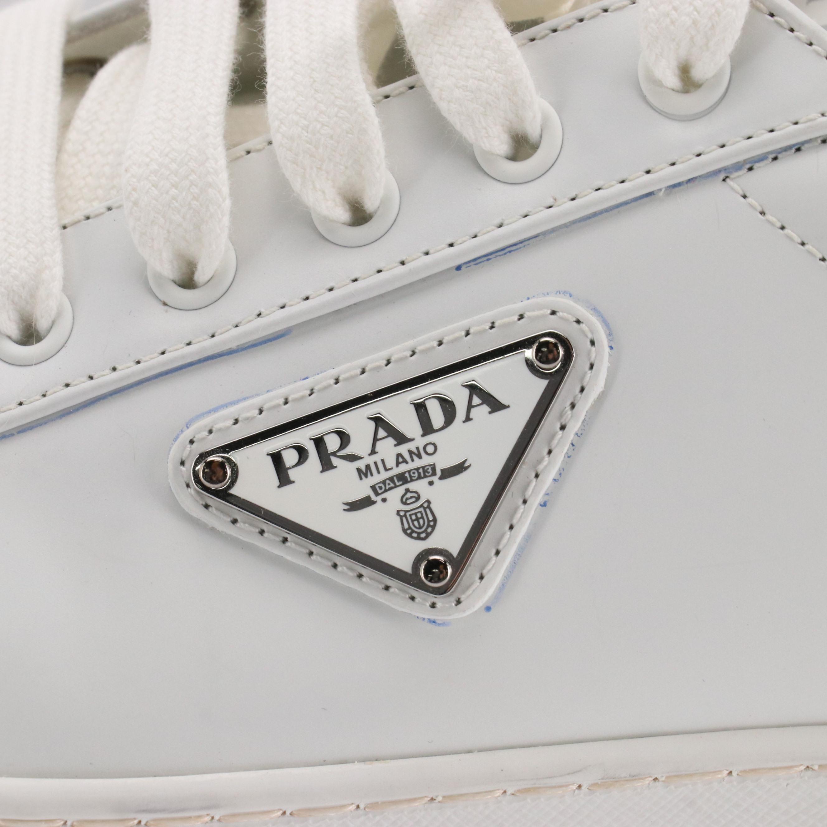Men's Prada White Leather Low Top Lace-Up Sneakers