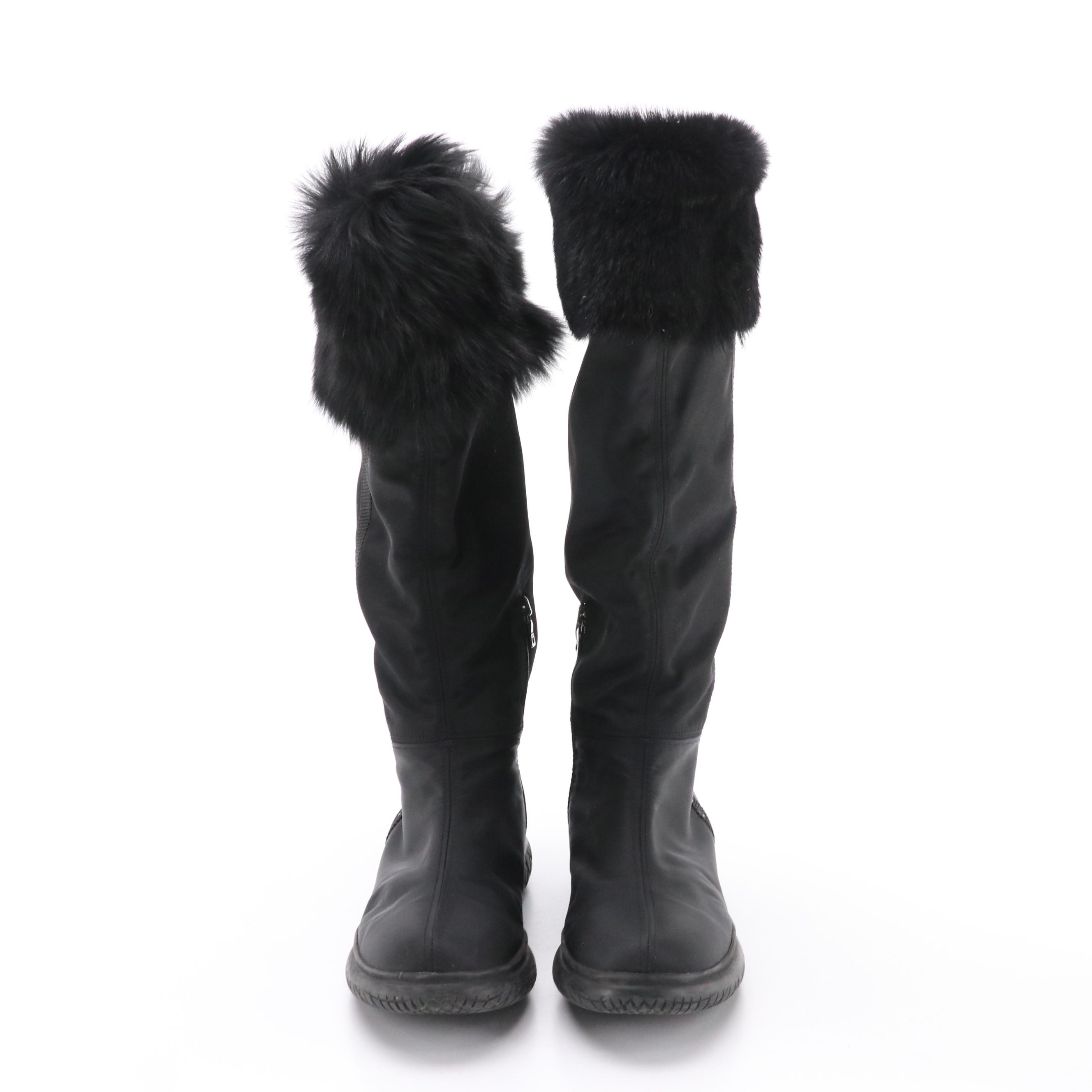 Prada Sport Black Shearling Fur-Lined Nylon Knee-High Winter Boots in Box