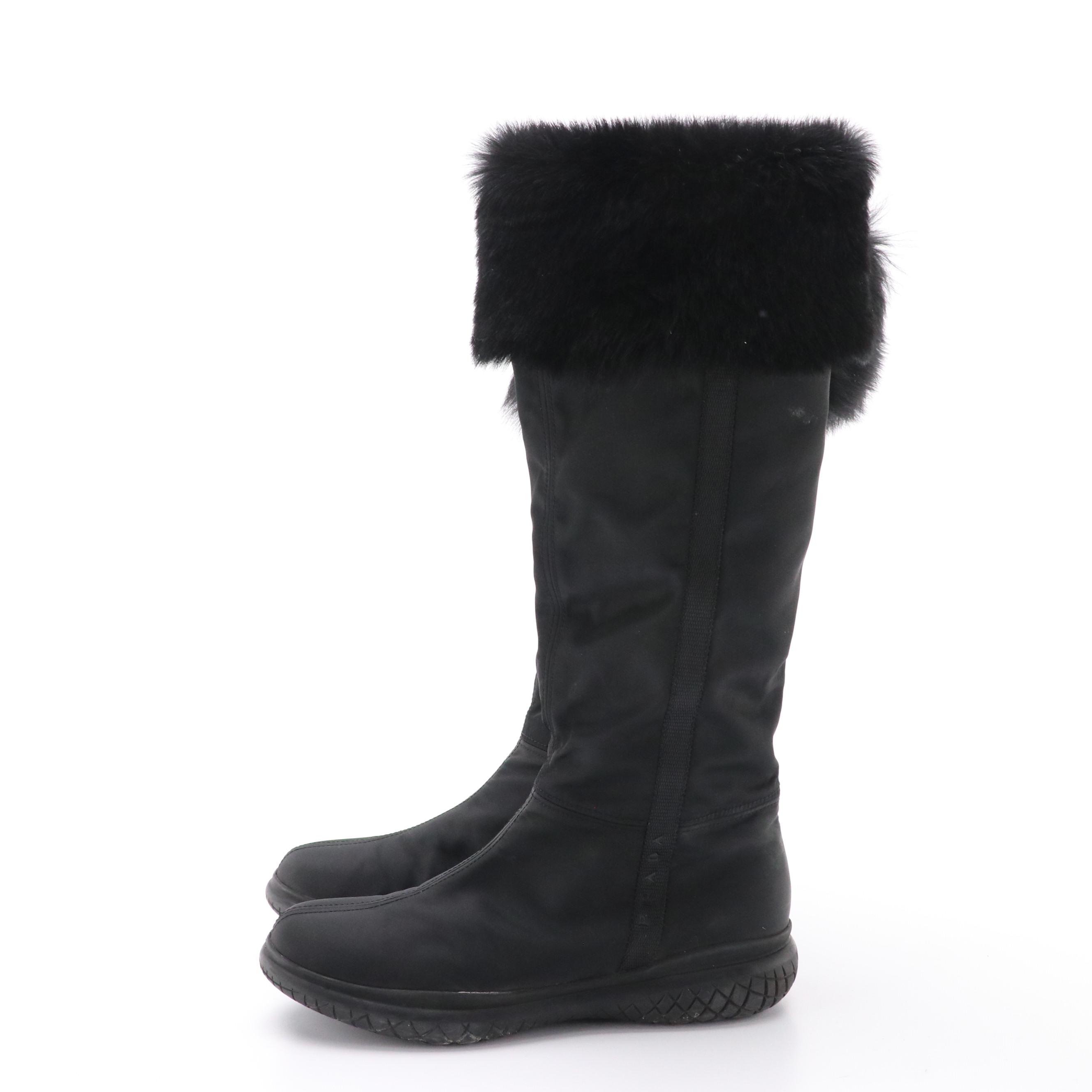 Prada Sport Black Shearling Fur-Lined Nylon Knee-High Winter Boots in Box