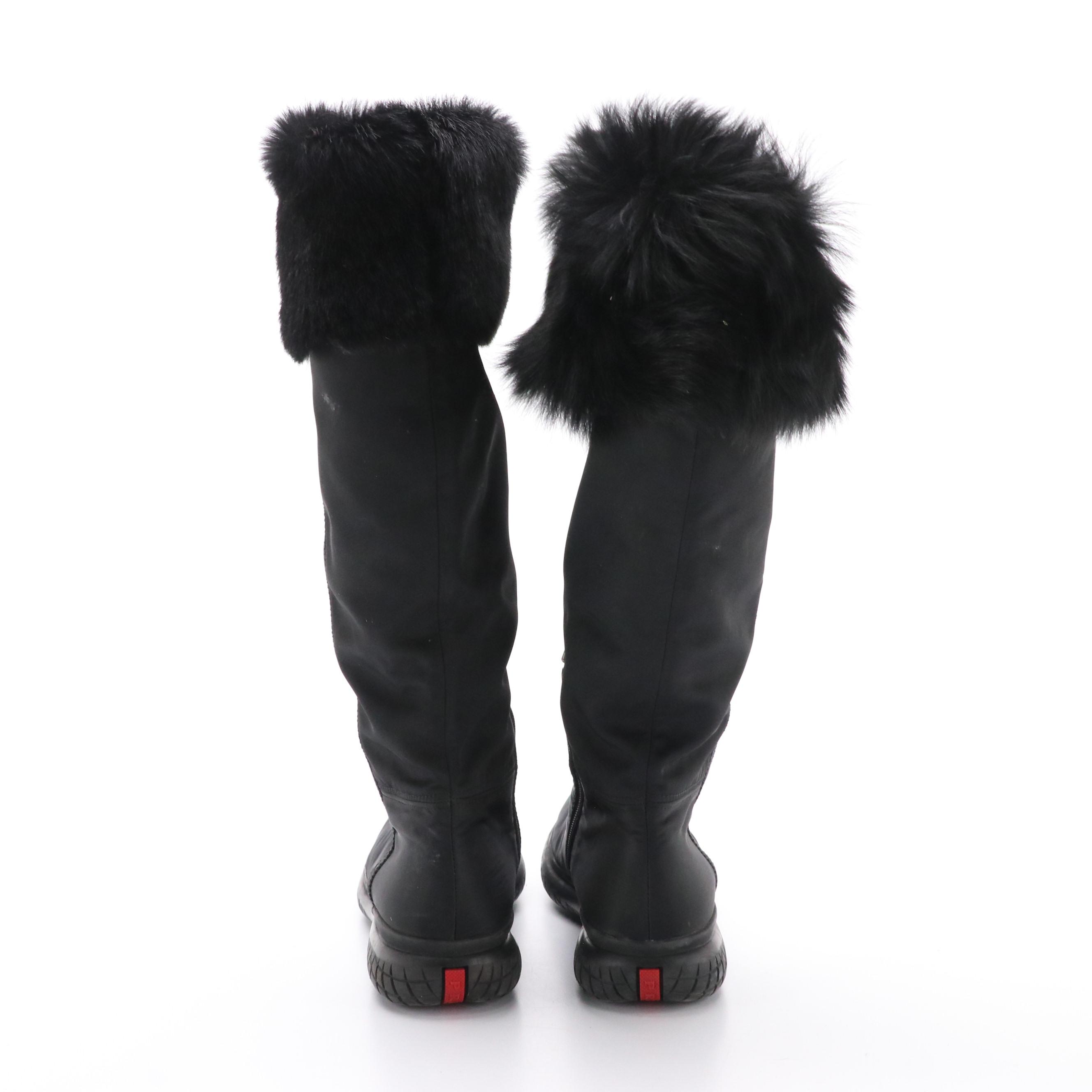 Prada Sport Black Shearling Fur-Lined Nylon Knee-High Winter Boots in Box