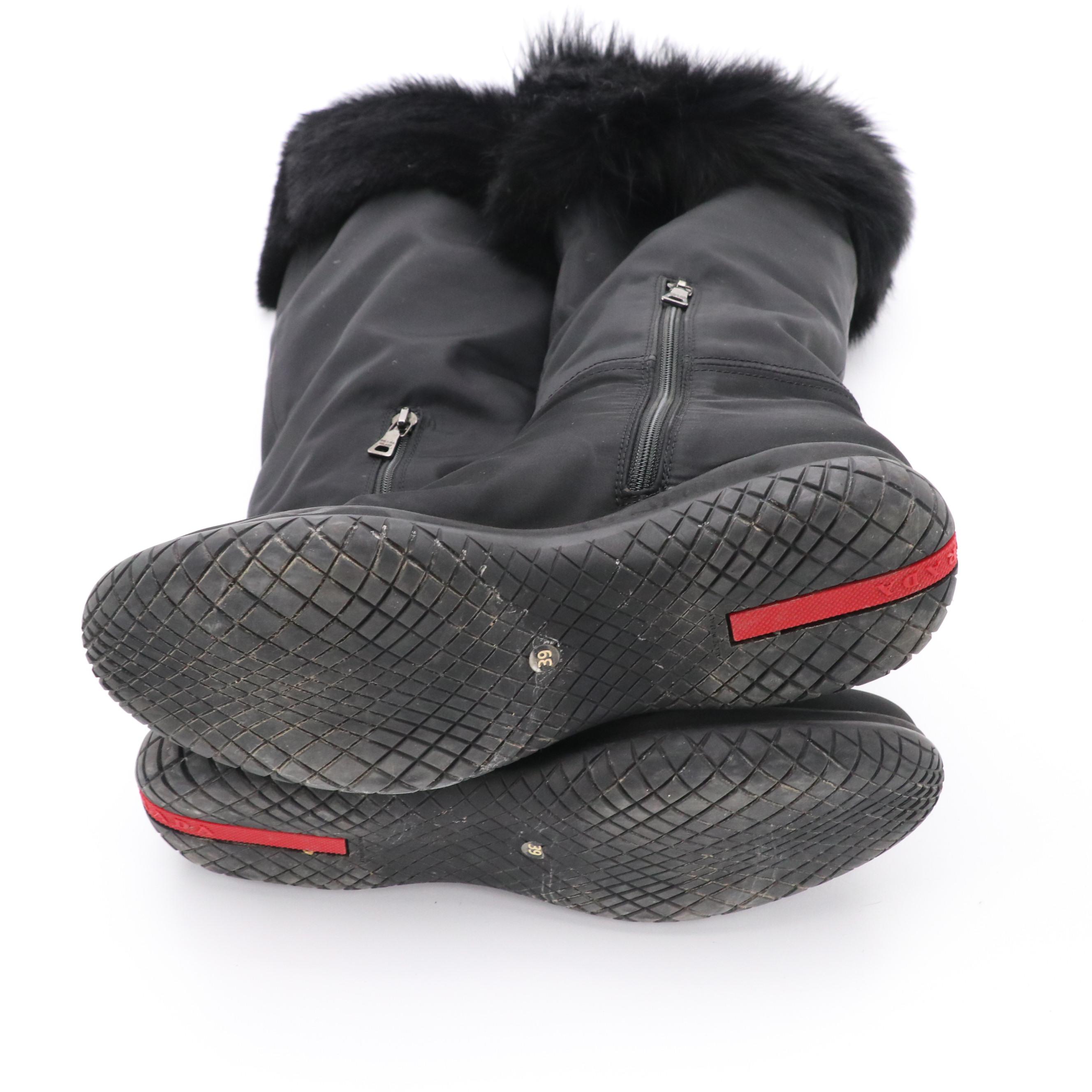 Prada Sport Black Shearling Fur-Lined Nylon Knee-High Winter Boots in Box