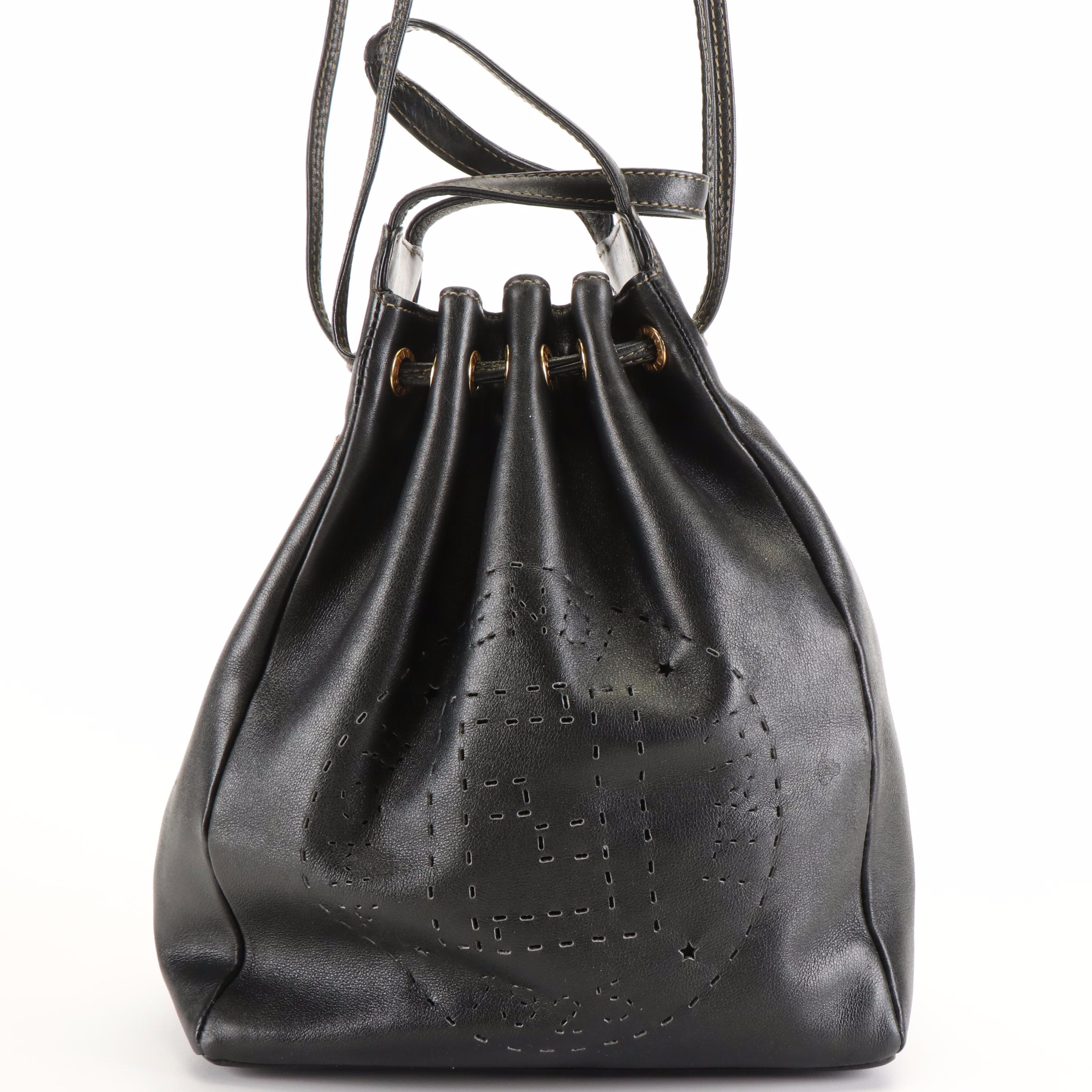 Fendi Perforated Drawstring Shoulder Bag in Black Leather