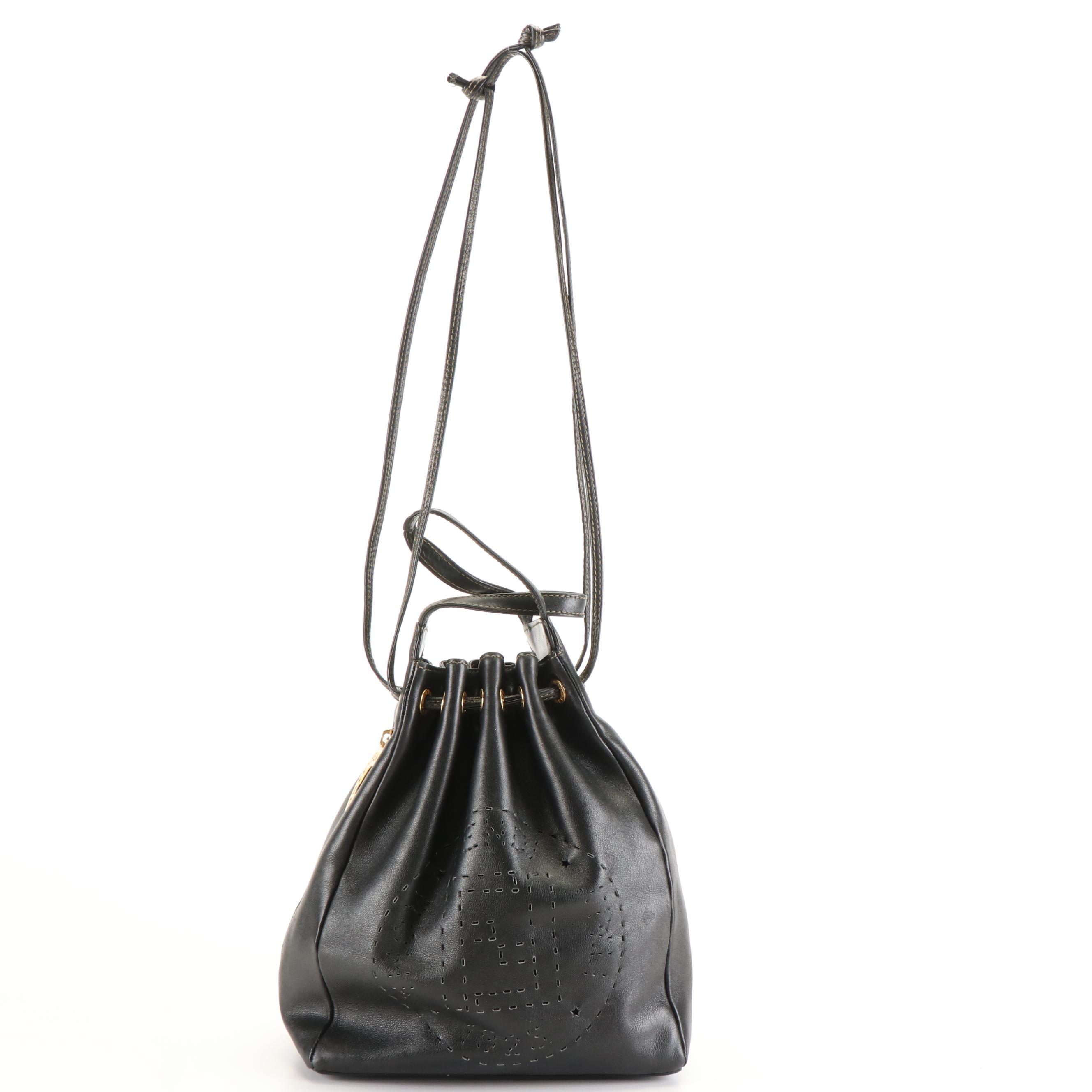 Fendi Perforated Drawstring Shoulder Bag in Black Leather