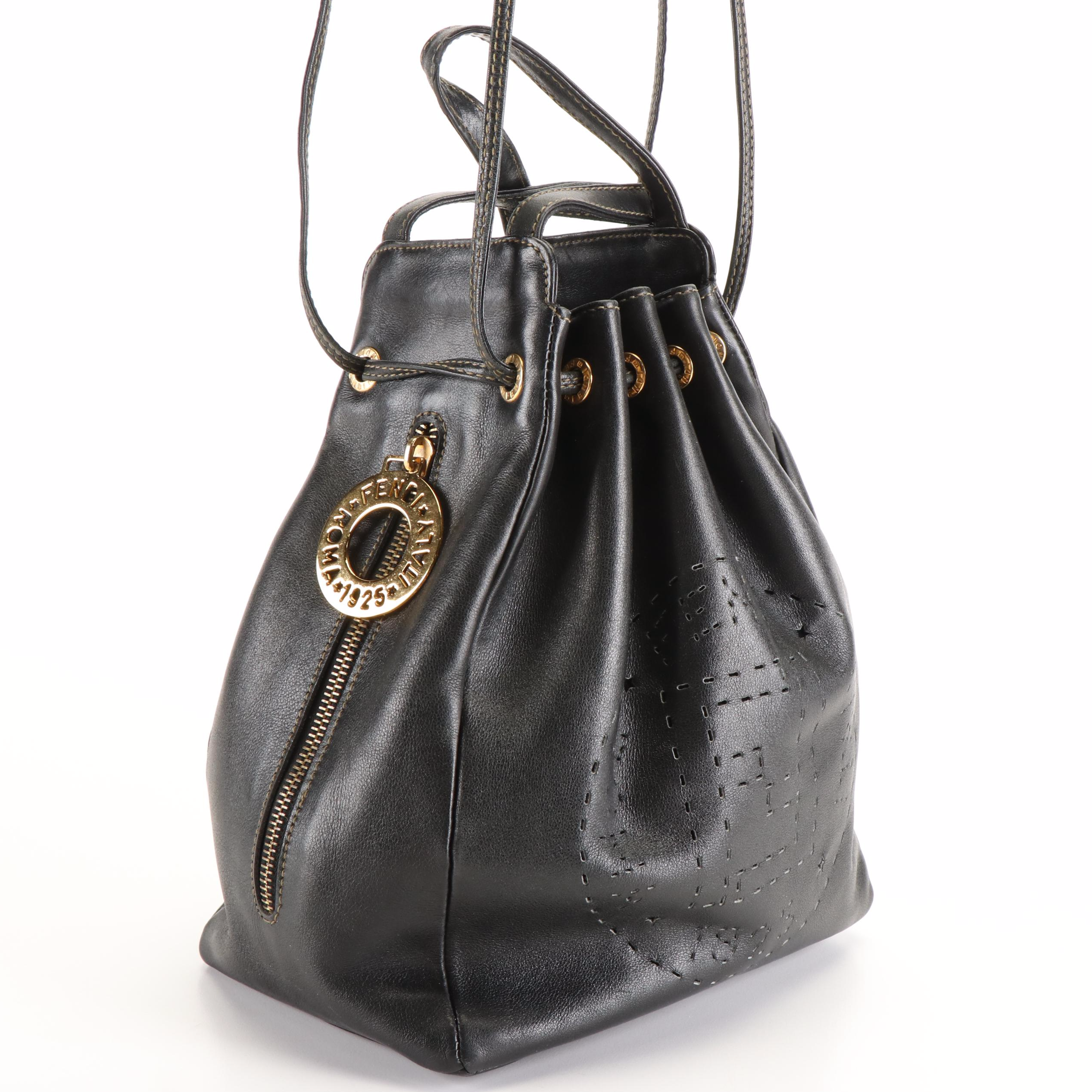 Fendi Perforated Drawstring Shoulder Bag in Black Leather