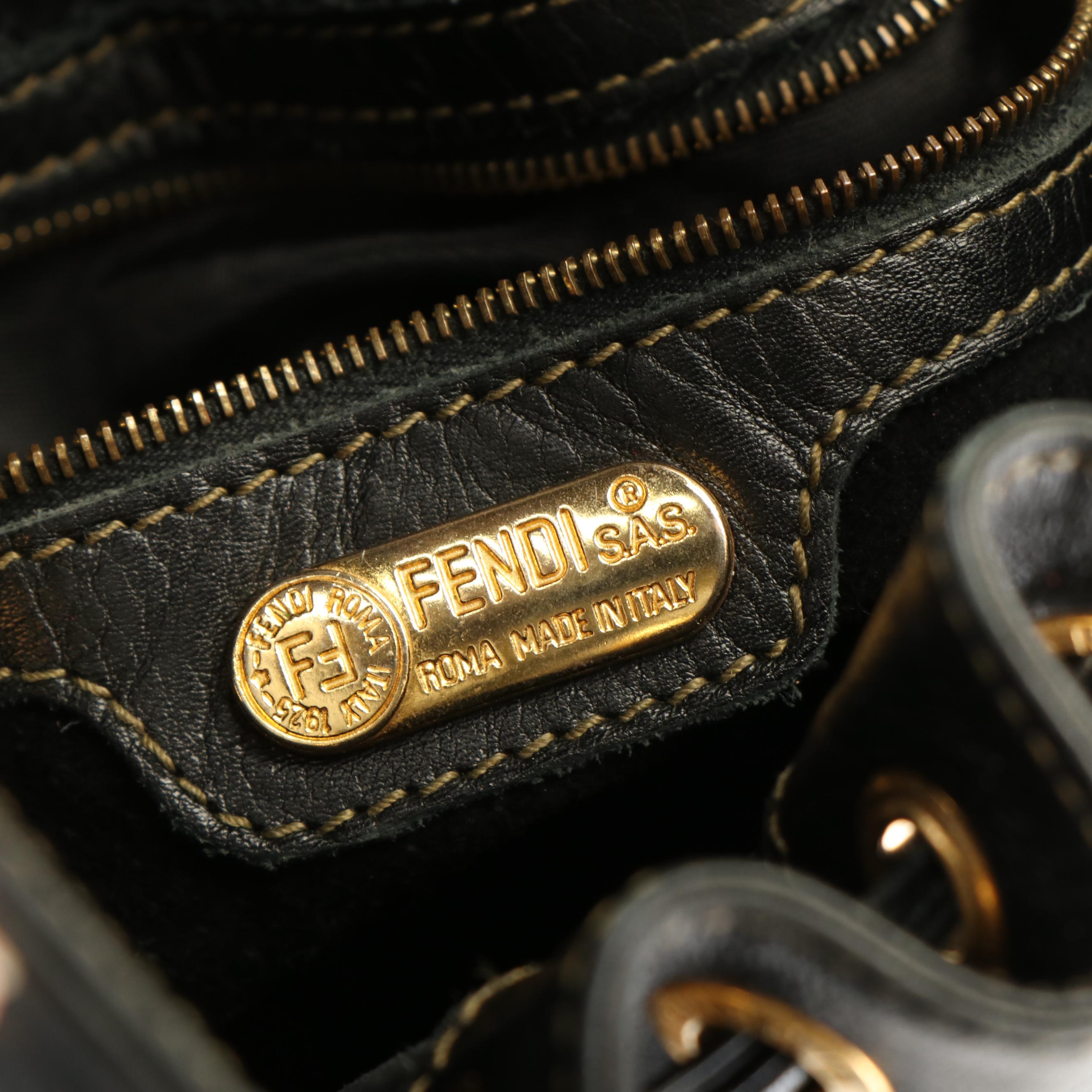 Fendi Perforated Drawstring Shoulder Bag in Black Leather