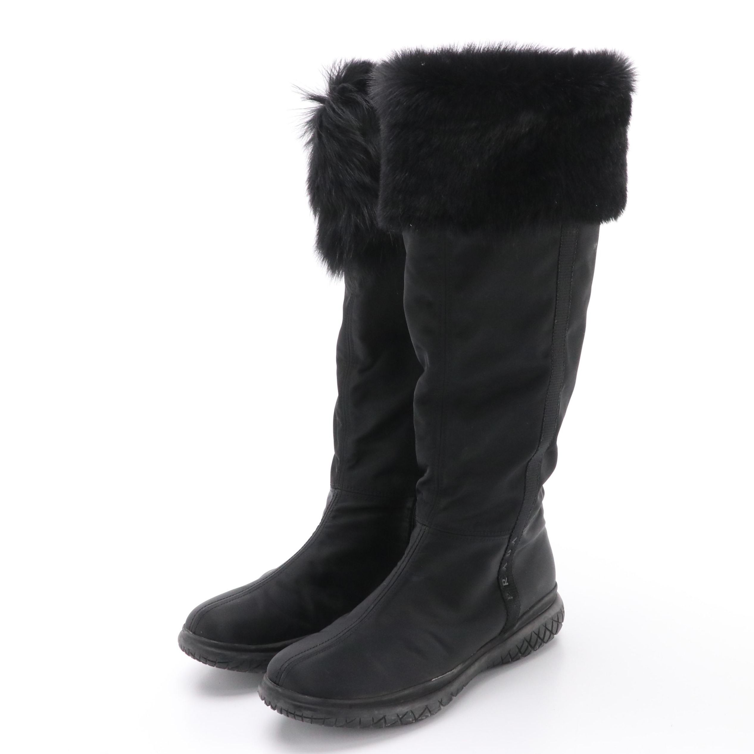 Prada Sport Black Shearling Fur-Lined Nylon Knee-High Winter Boots in Box