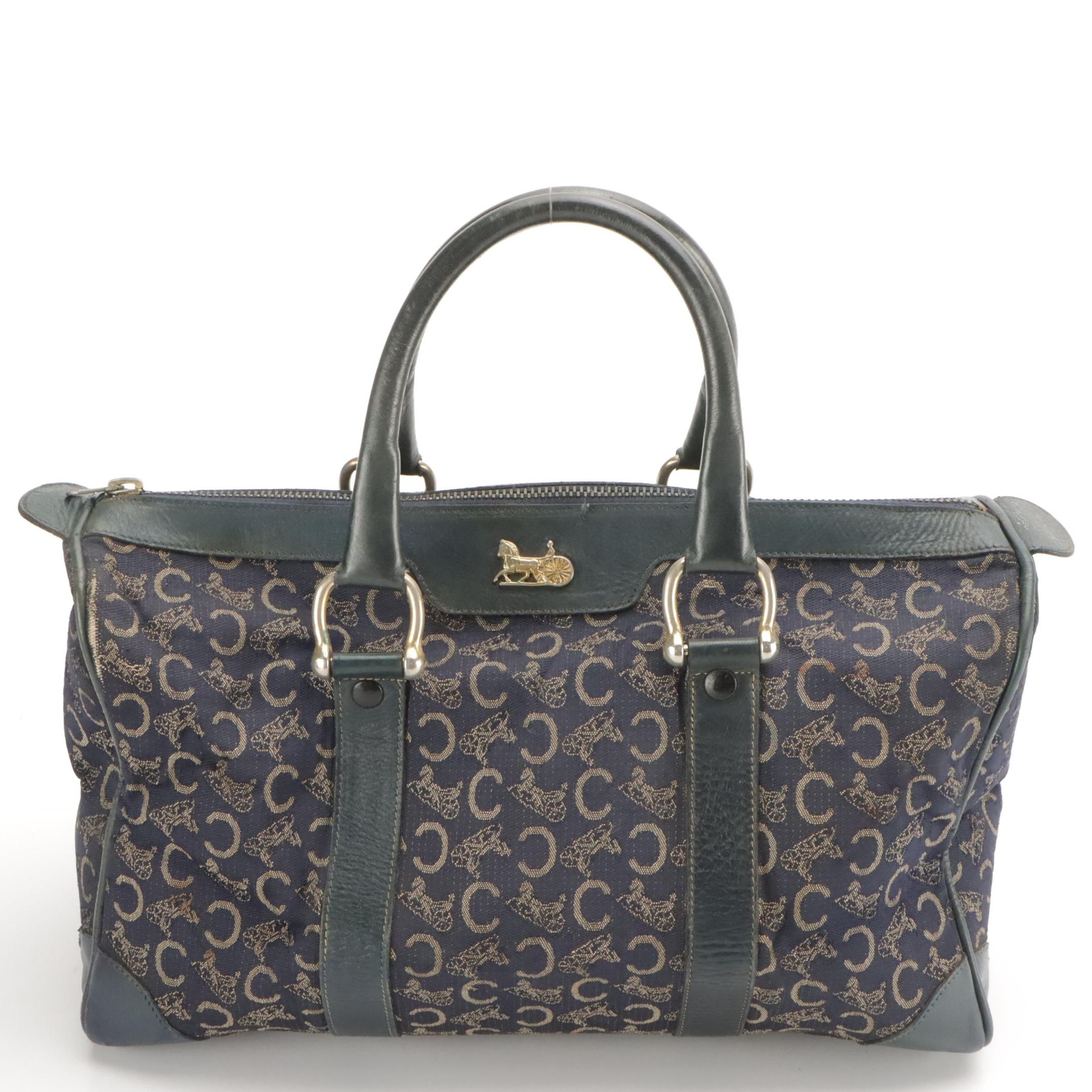 Celine Boston Bag in Navy Blue C Carriage Canvas with Leather Trim