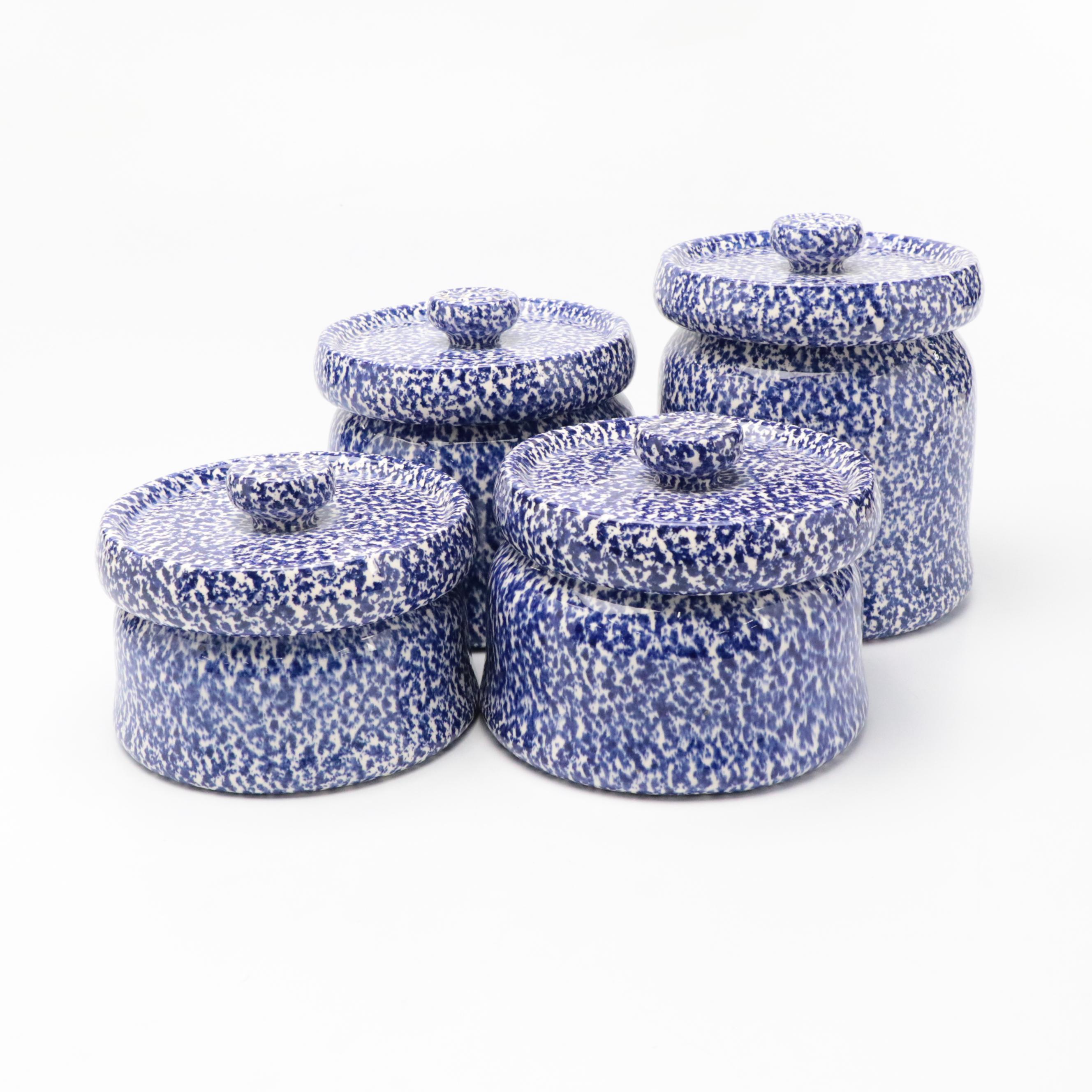Blue and White Splatter Pattern Ceramic Food Canisters