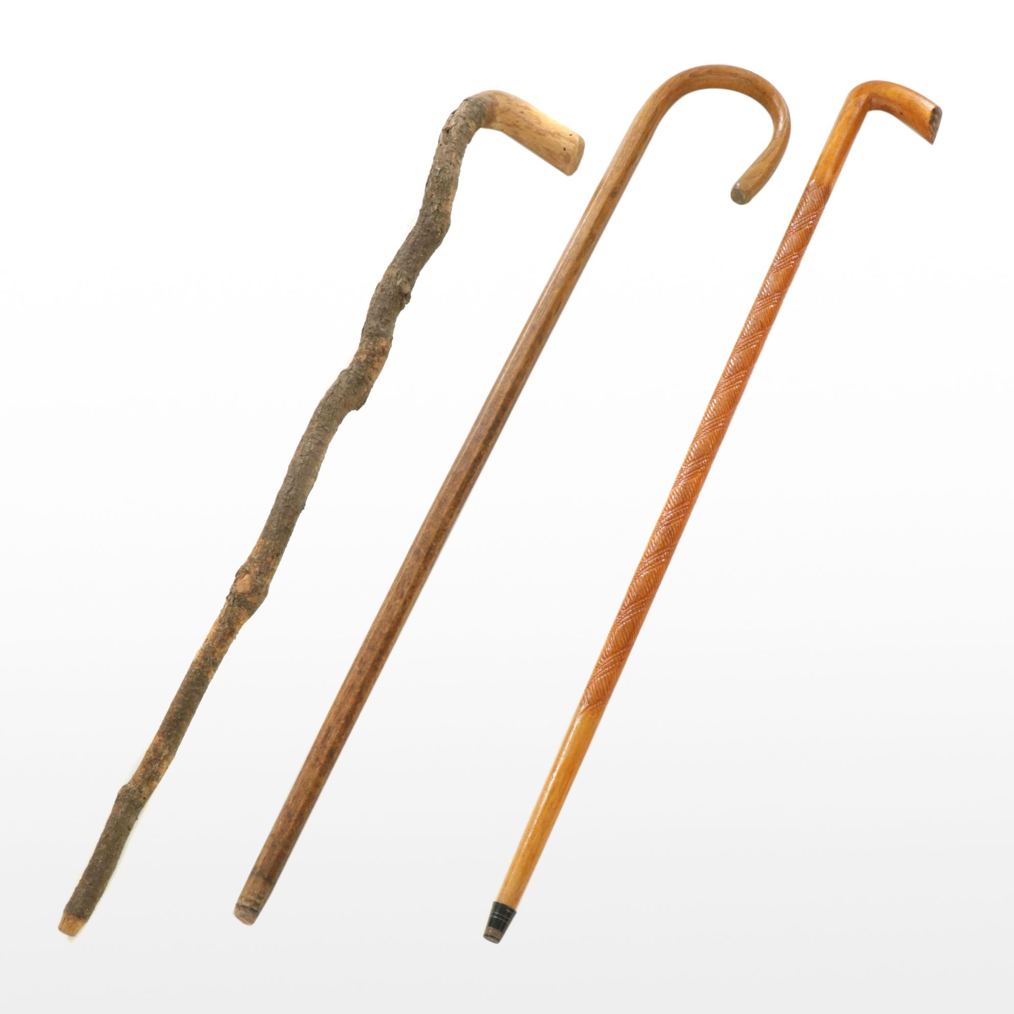 Walnut Shepherd's Hook Cane with Two Other Wood Canes
