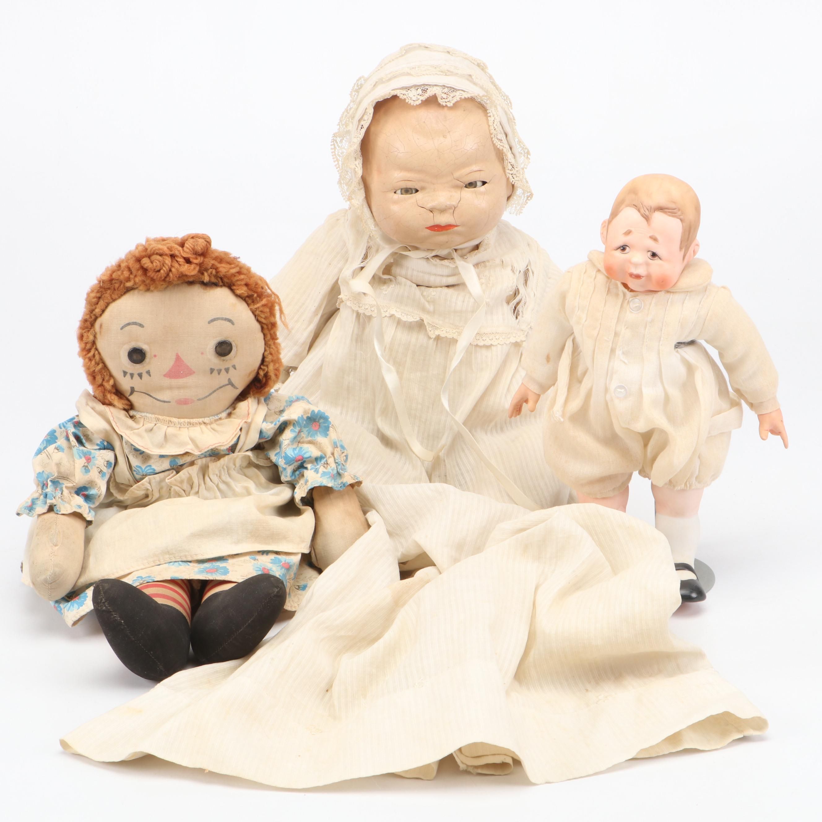 Borgfeldt Bye-Lo Baby Doll, Balos Porcelain Doll and Fabric Raggedy Ann Doll