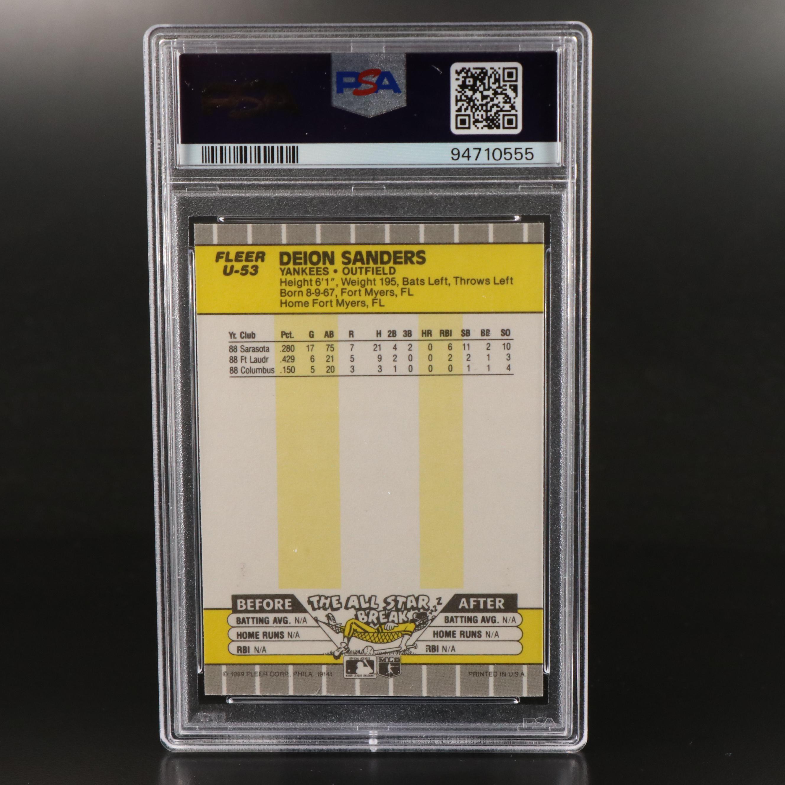 1989 Fleer Update Deion Sanders New York Yankees Rookie Card Graded PSA 10