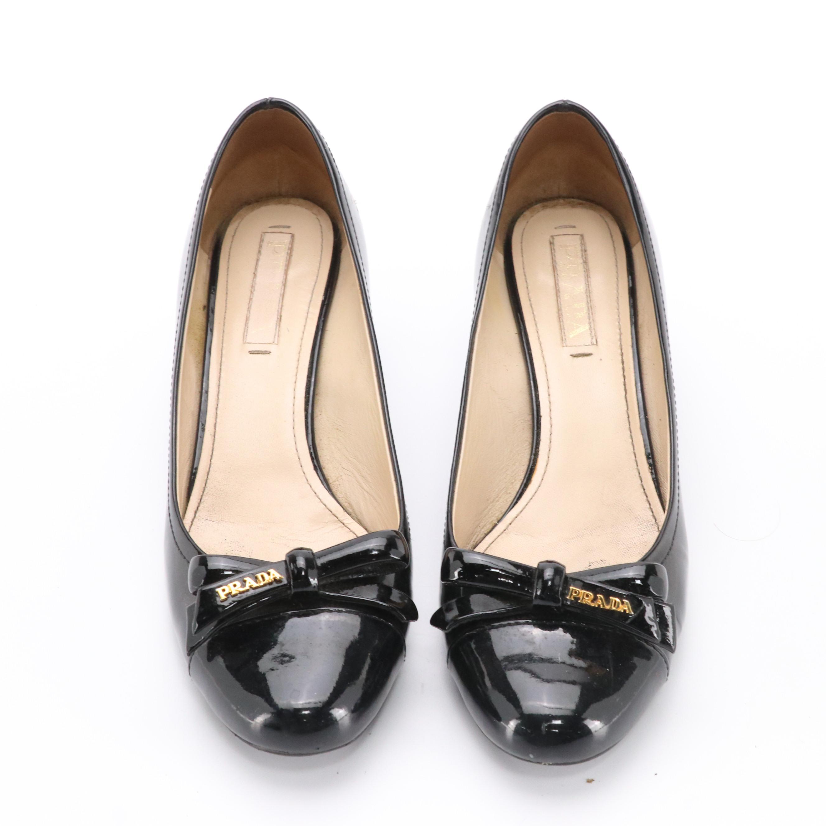 Prada Bow Pumps in Black Patent Leather with Box