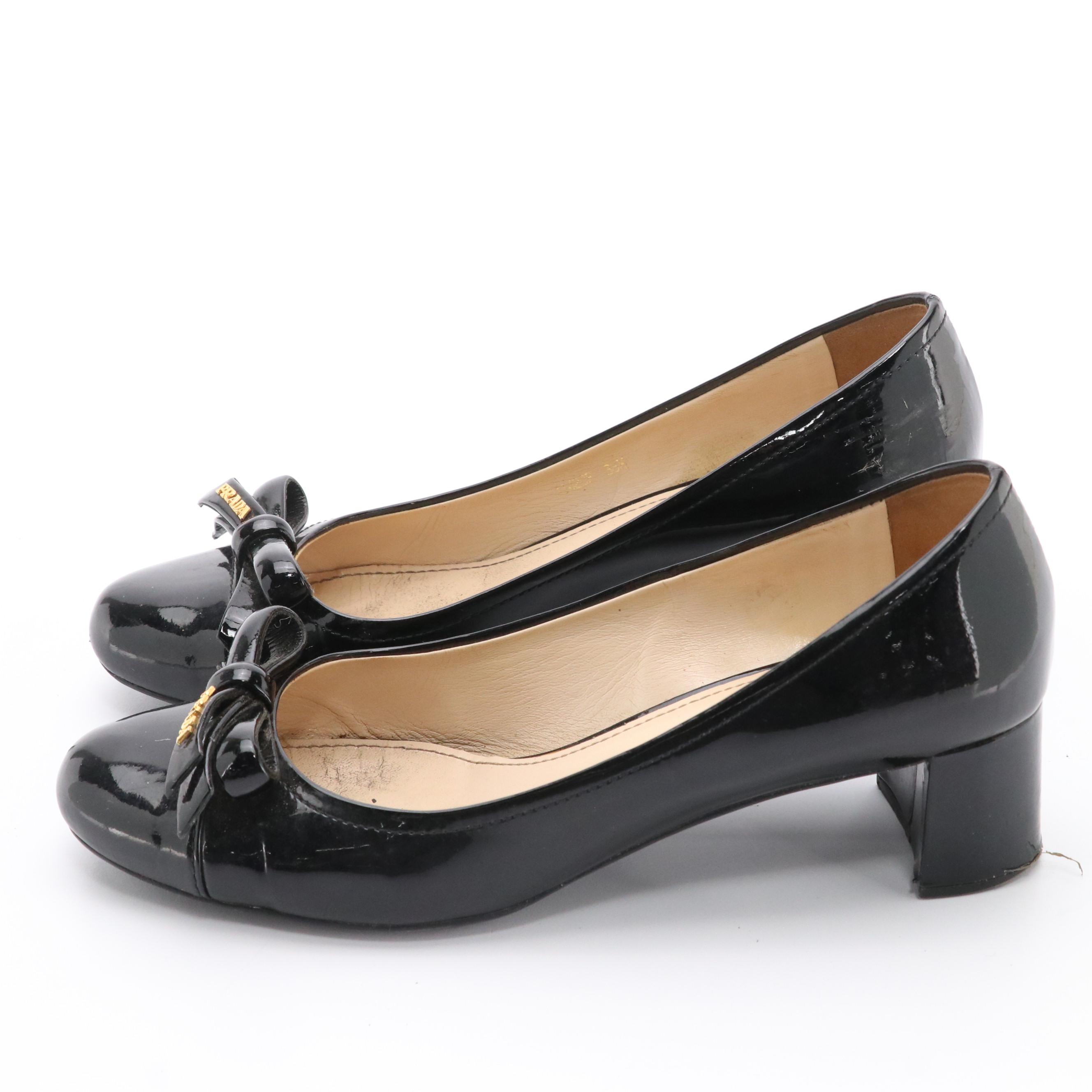 Prada Bow Pumps in Black Patent Leather with Box