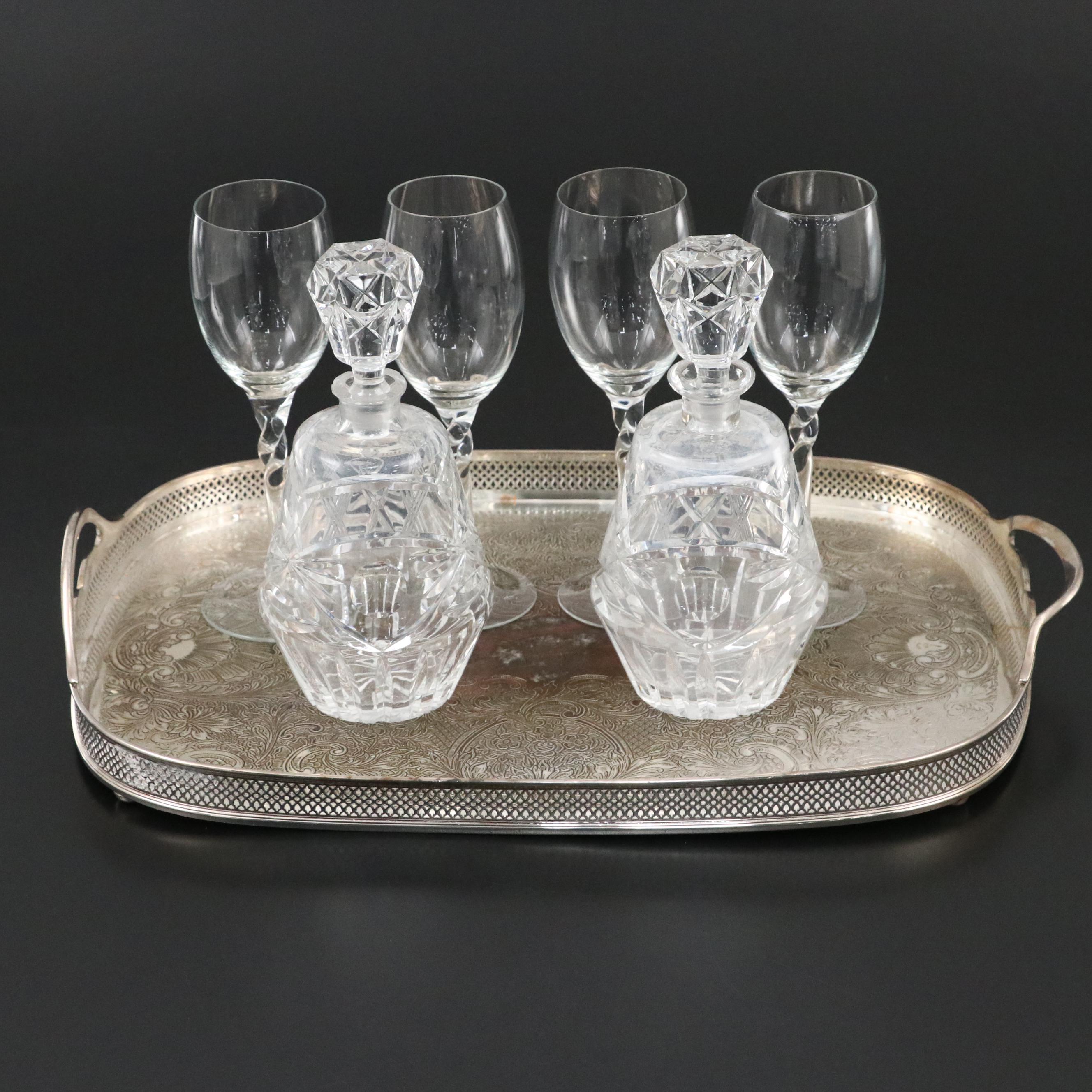 Sheffield Silver Co. Silver Plate Gallery Tray with Decanters and Stemware