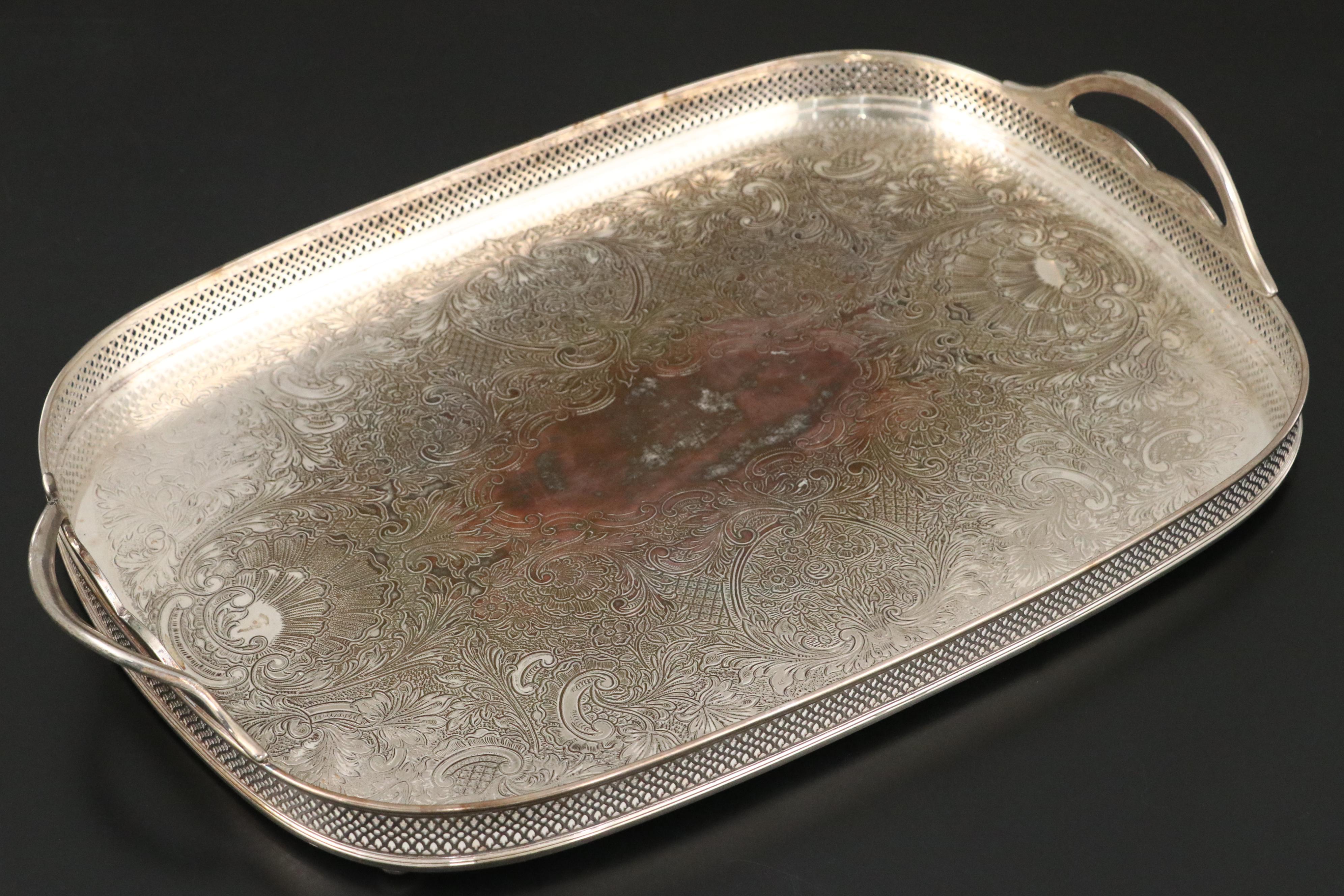 Sheffield Silver Co. Silver Plate Gallery Tray with Decanters and Stemware