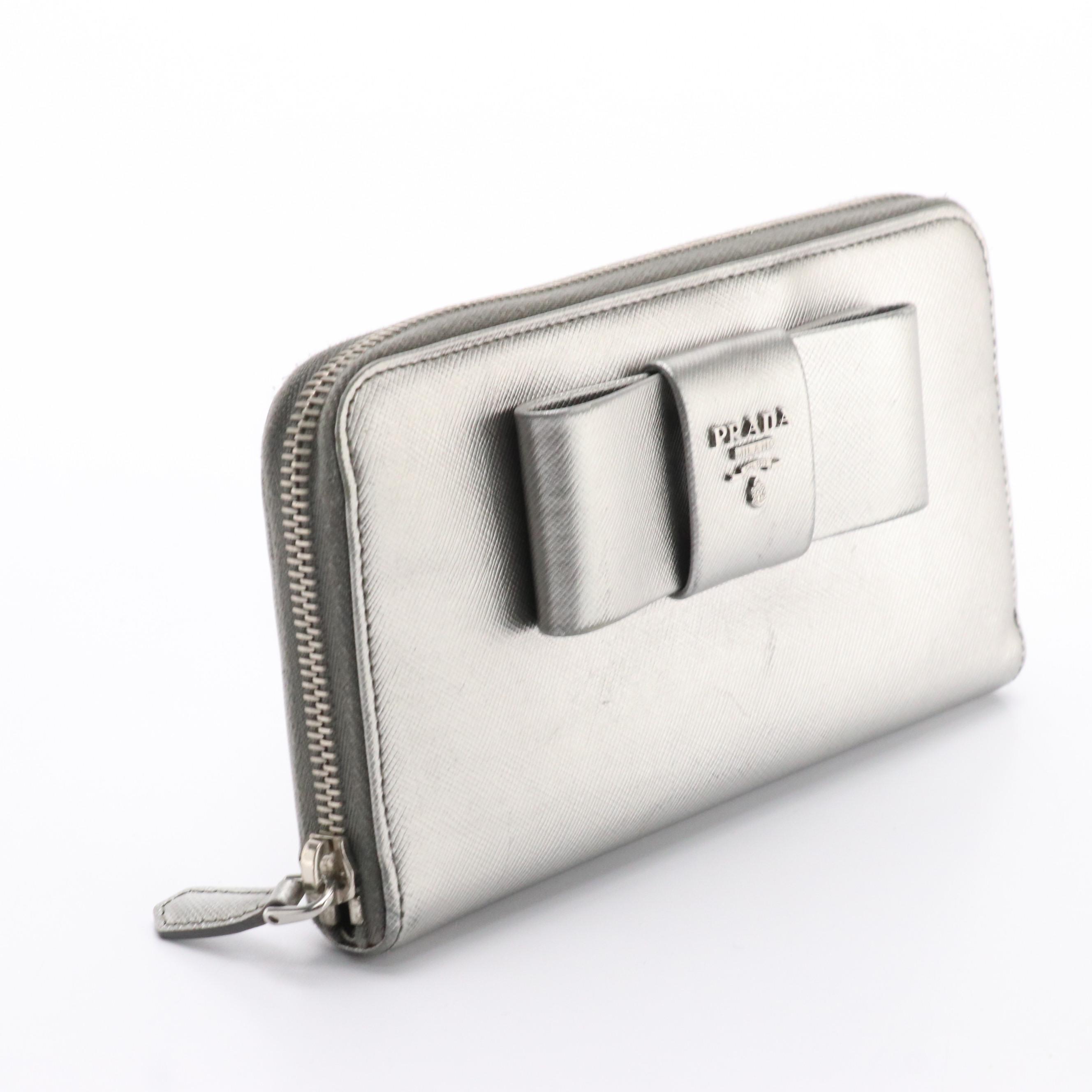 Prada Metallic Silver Saffiano Leather Zip-Around Bow Wallet