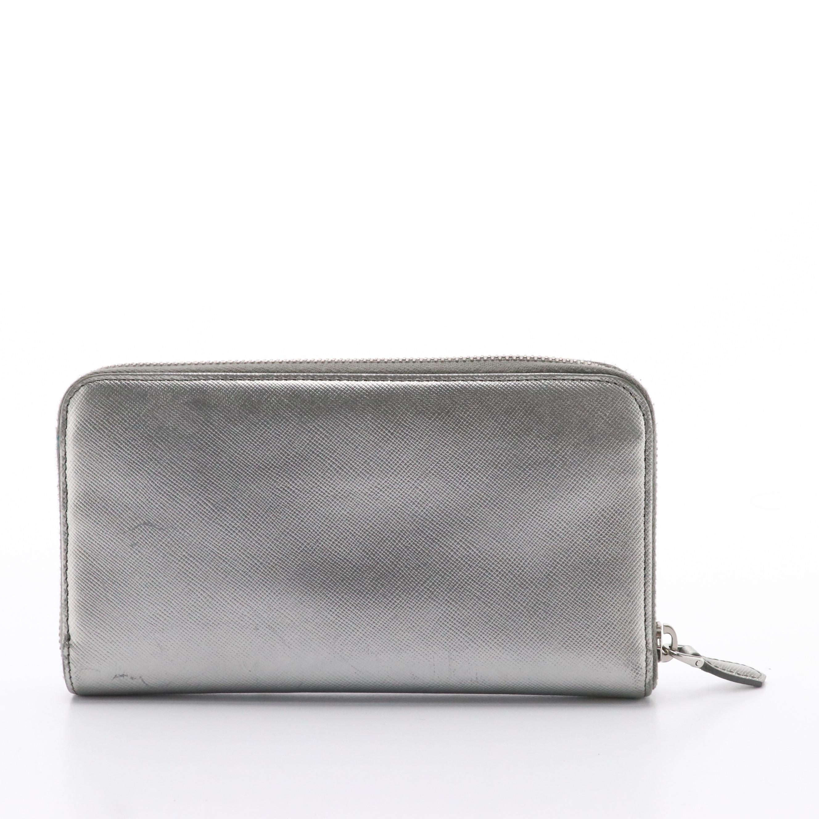 Prada Metallic Silver Saffiano Leather Zip-Around Bow Wallet