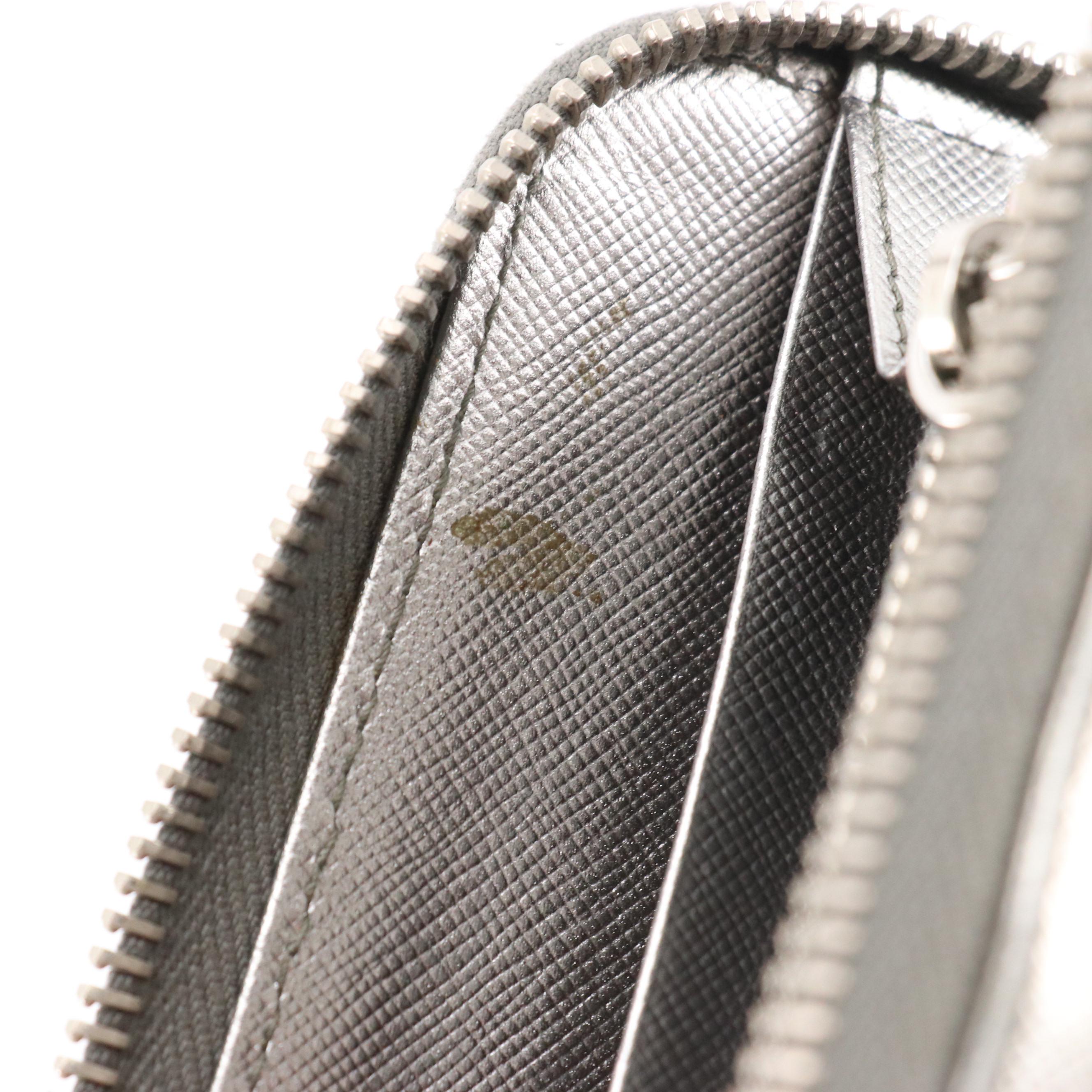 Prada Metallic Silver Saffiano Leather Zip-Around Bow Wallet