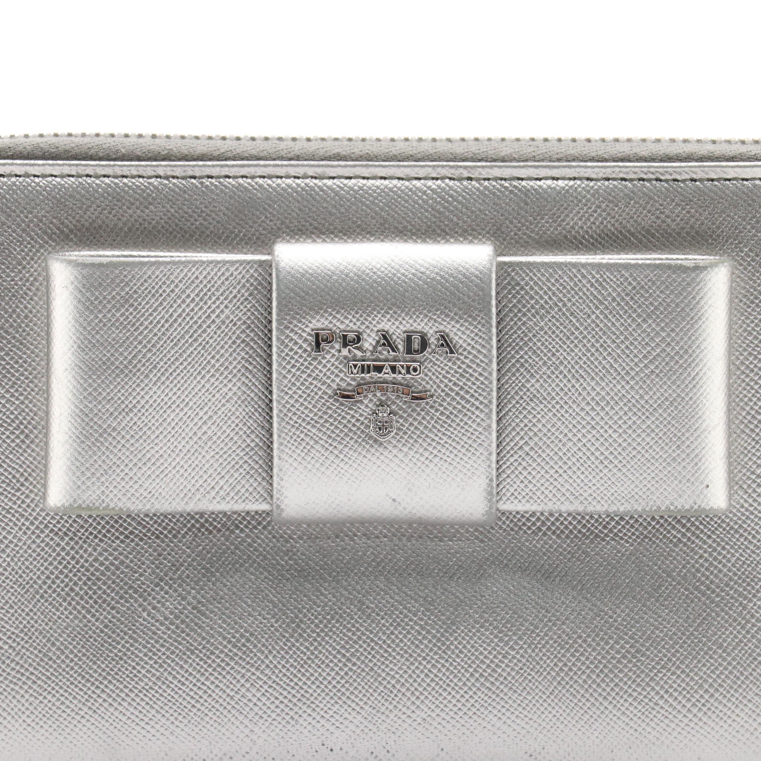 Prada Metallic Silver Saffiano Leather Zip-Around Bow Wallet