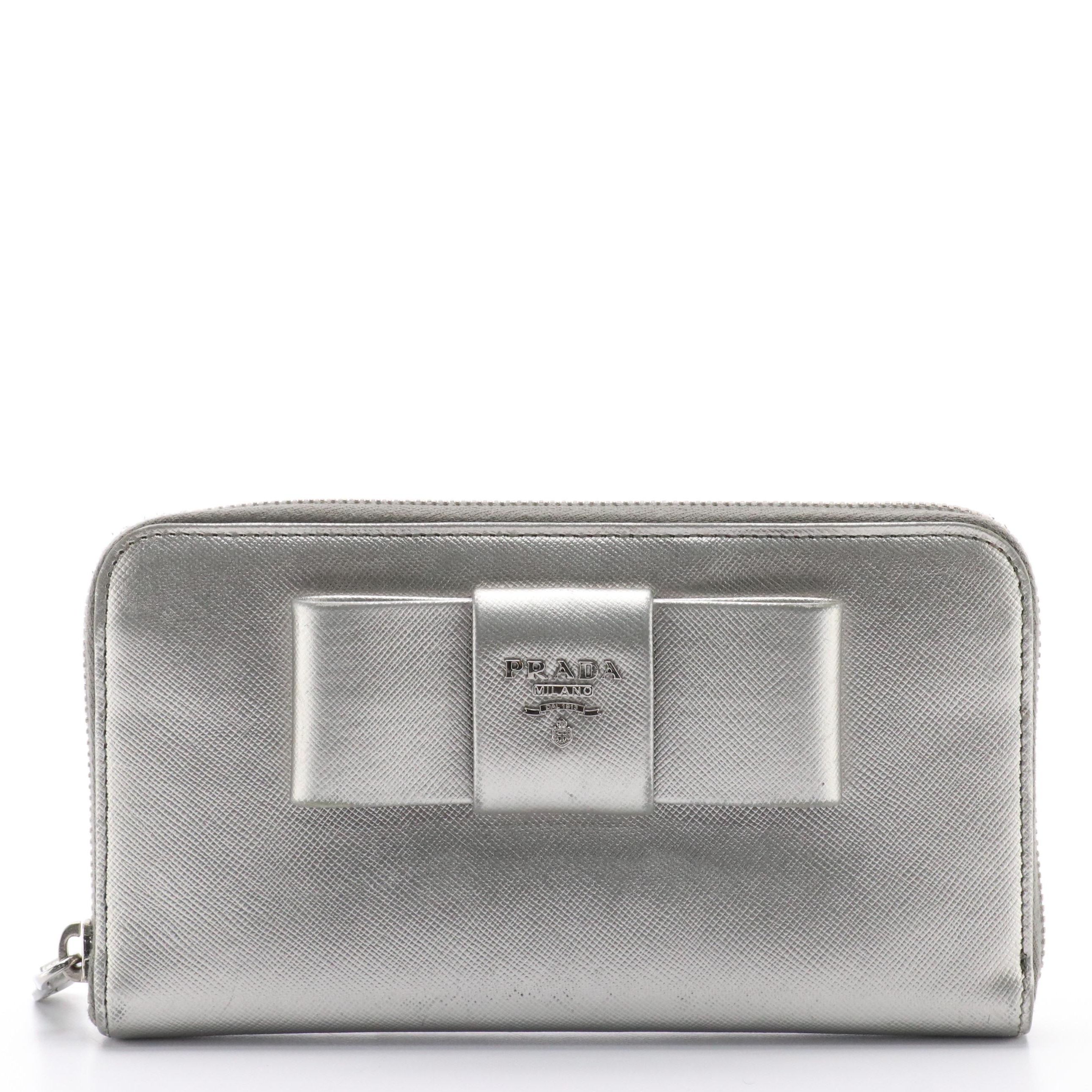 Prada Metallic Silver Saffiano Leather Zip-Around Bow Wallet