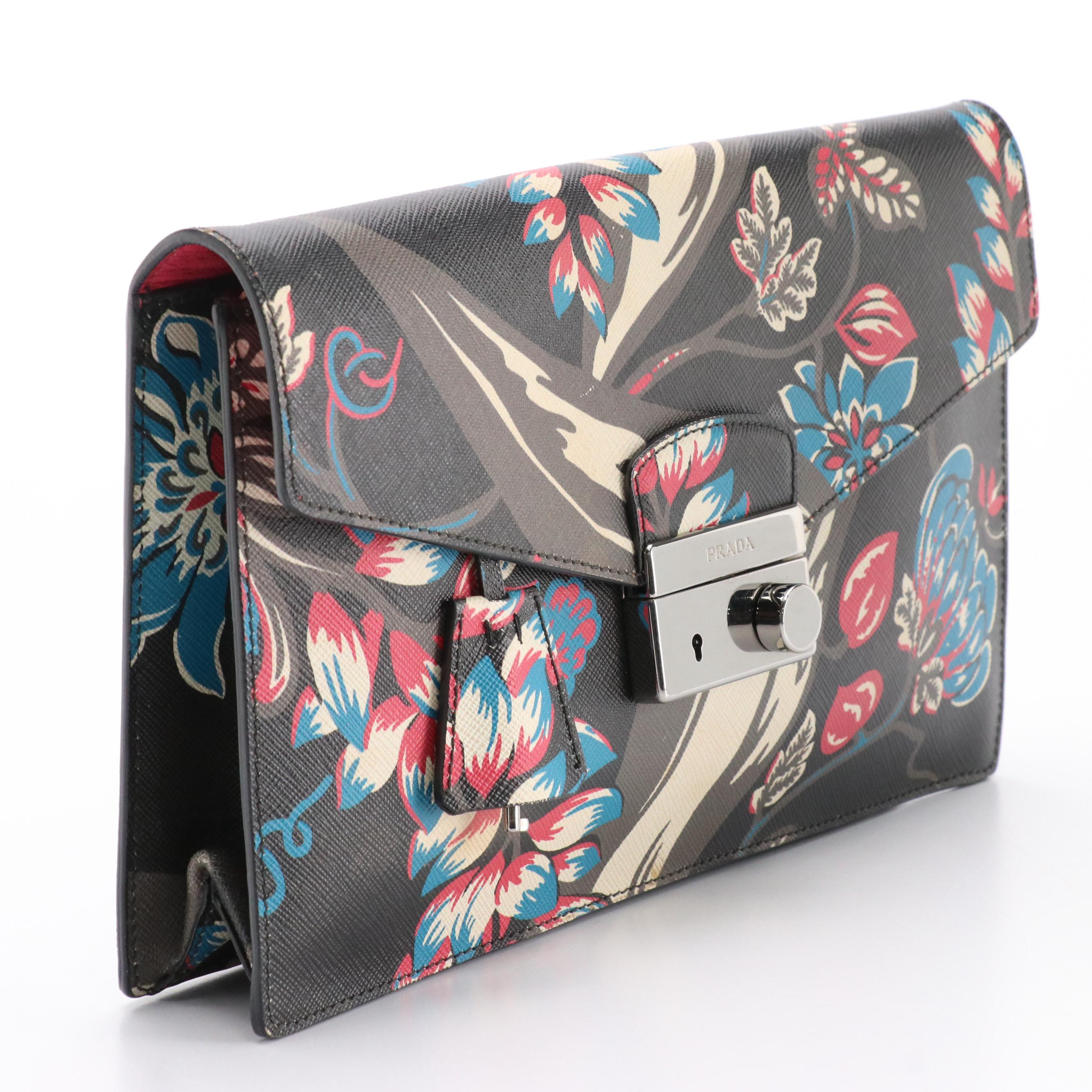 Prada Sound Clutch in Floral Printed Saffiano Leather