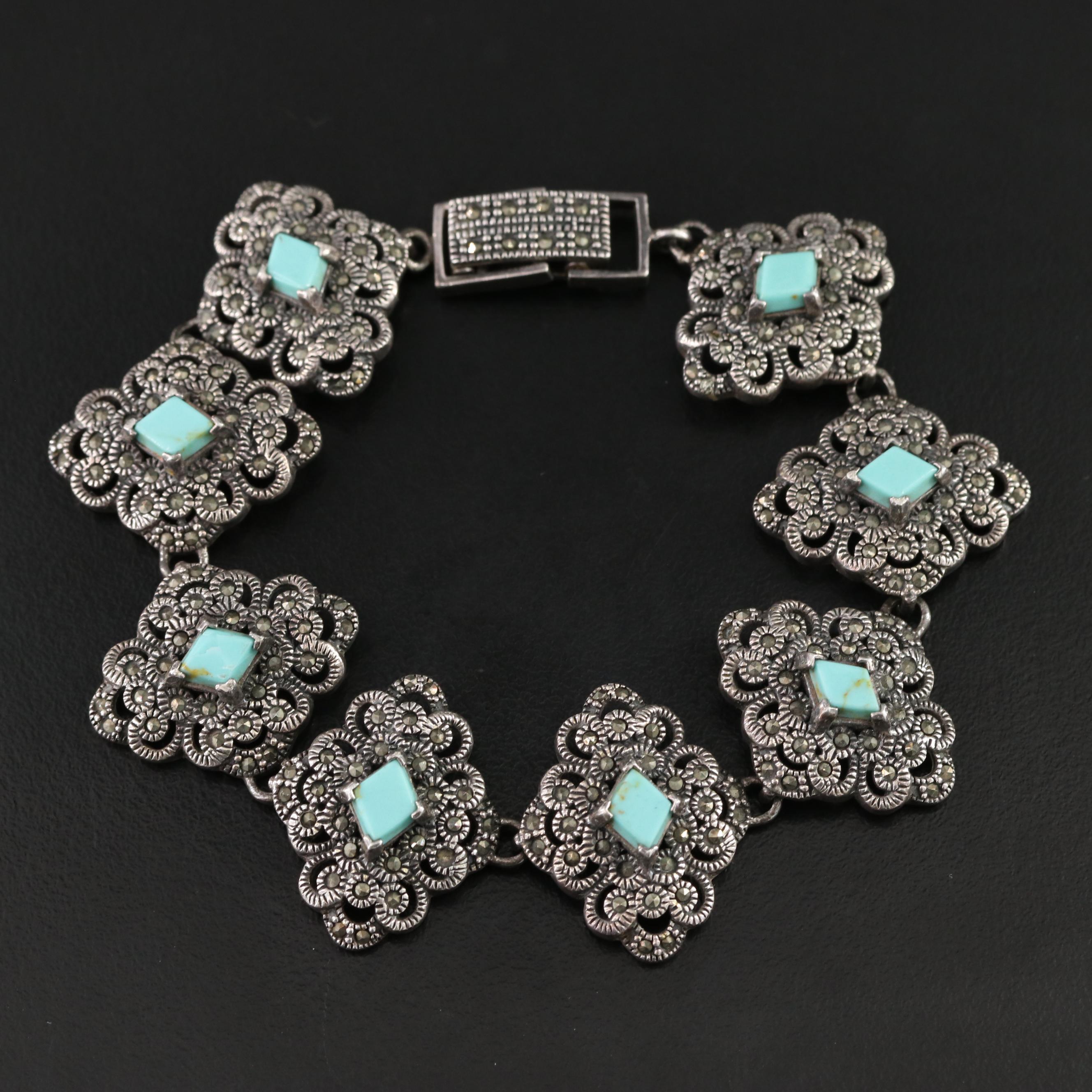 Sterling Marcasite and Composite Turquoise Panel Bracelet