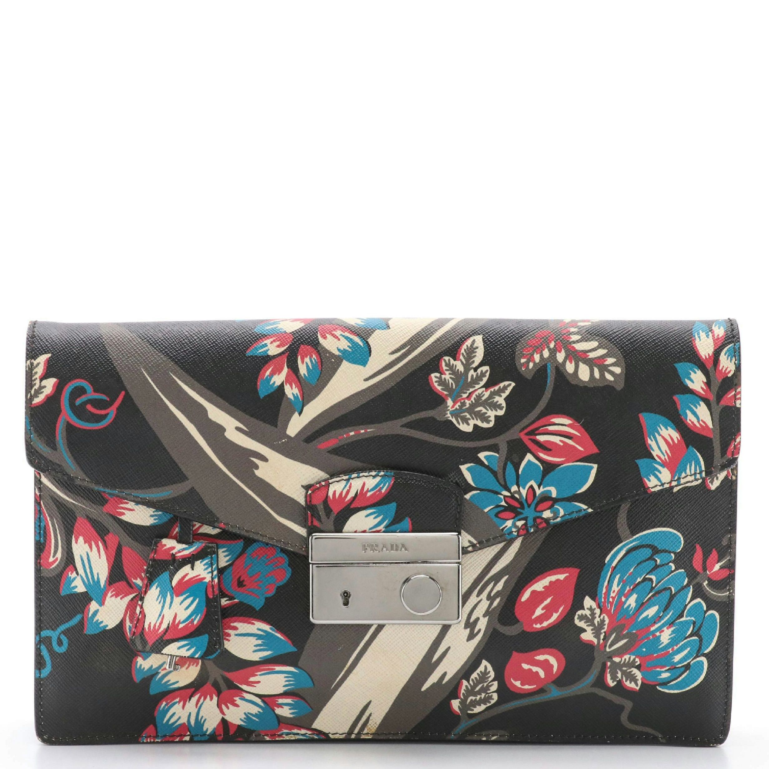 Prada Sound Clutch in Floral Printed Saffiano Leather