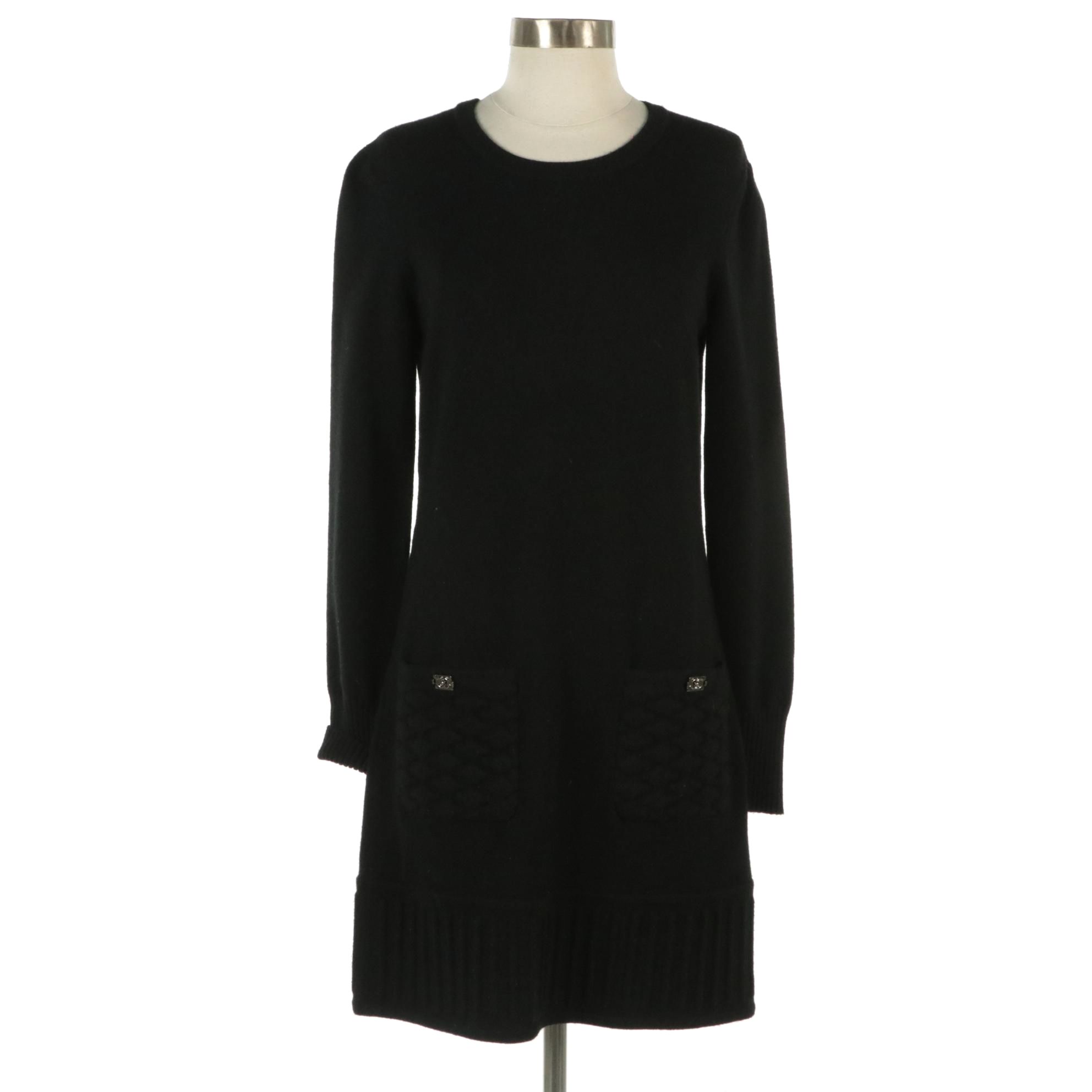Chanel Black Cashmere Blend Long Sleeve Dress with CC Boy Lock Pocket Detail