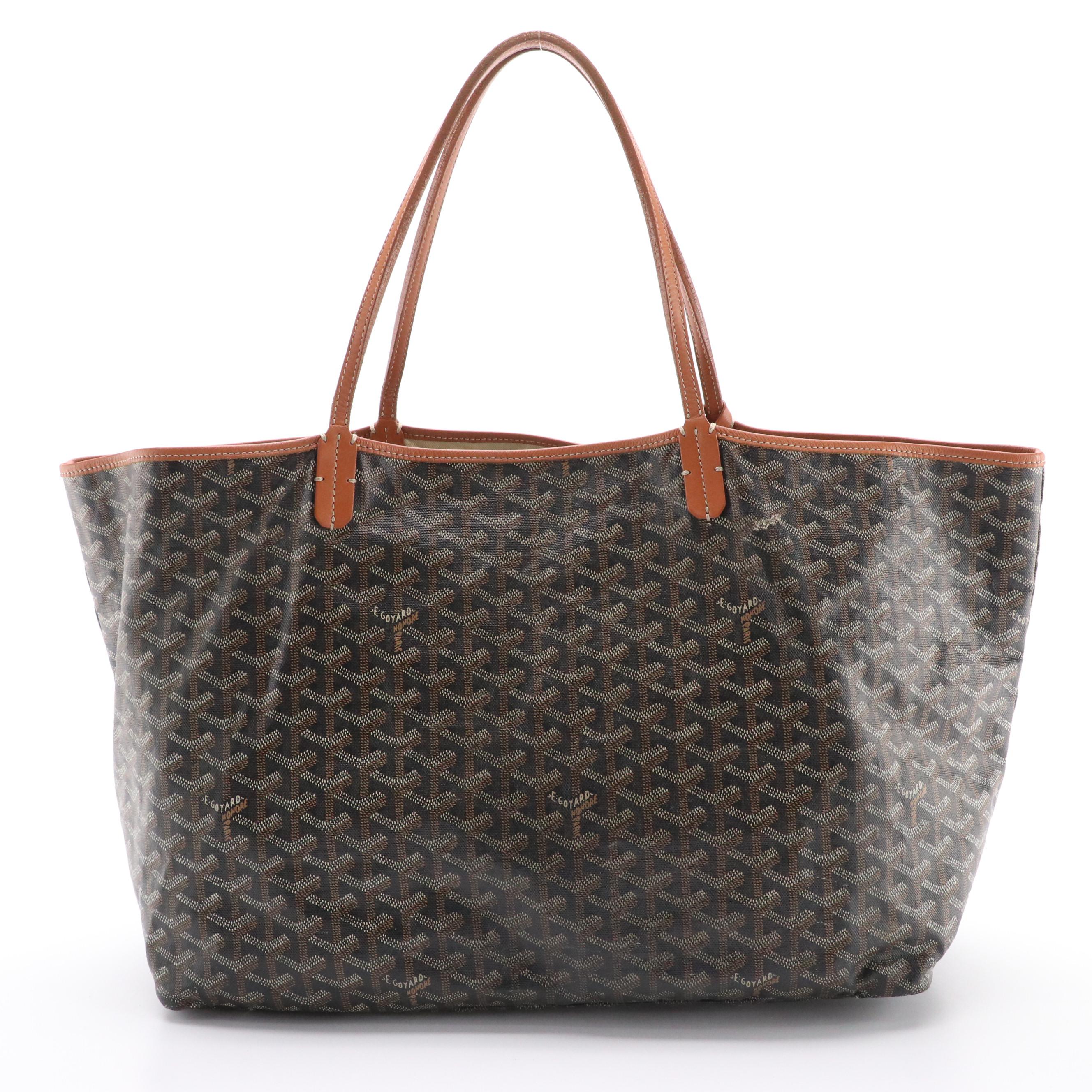 Goyard Saint Louis GM Tote Bag and Pouch in Black & Tan Goyardine Canvas
