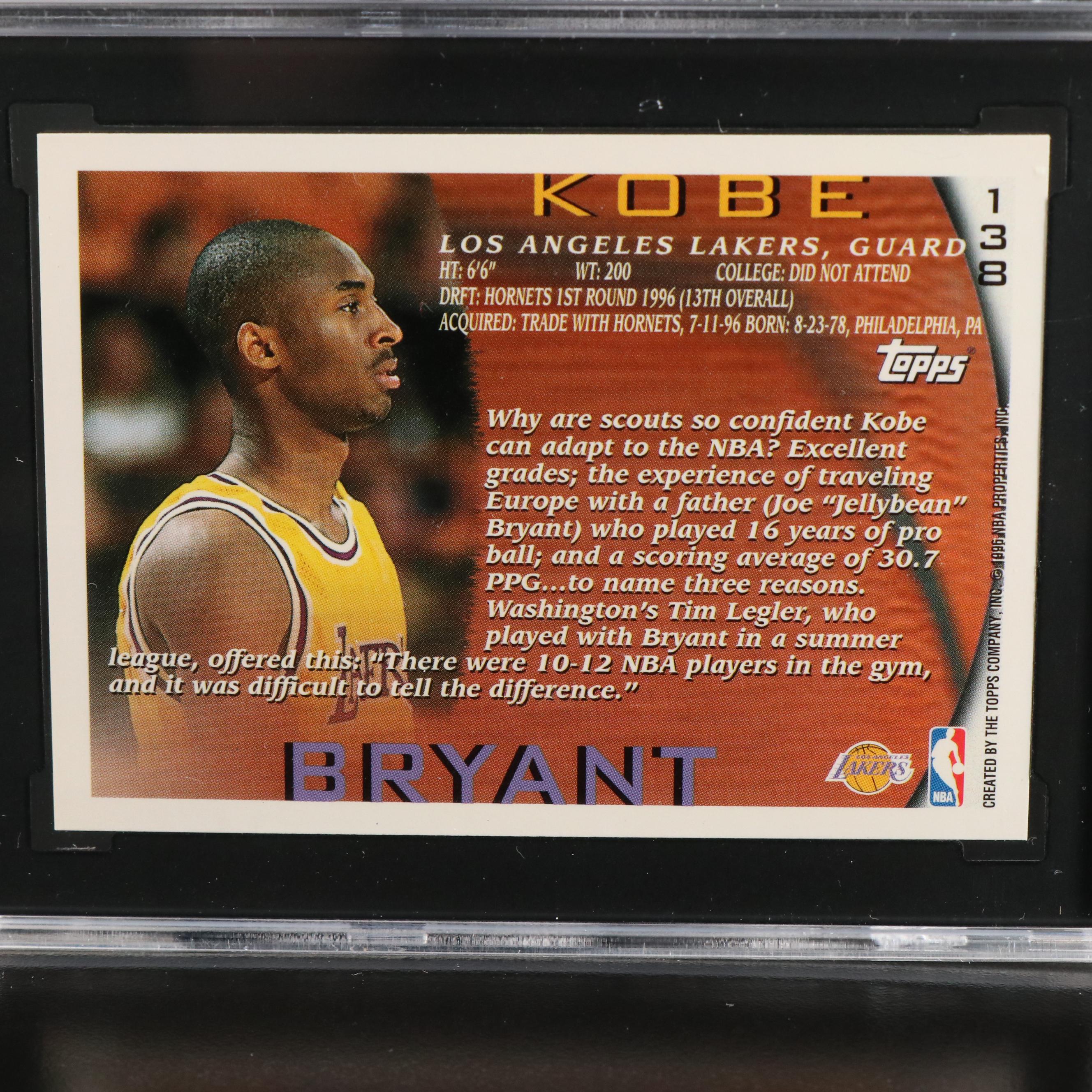 1996-97 Topps Kobe Bryant Los Angeles Lakers Rookie Card Graded SGC 9