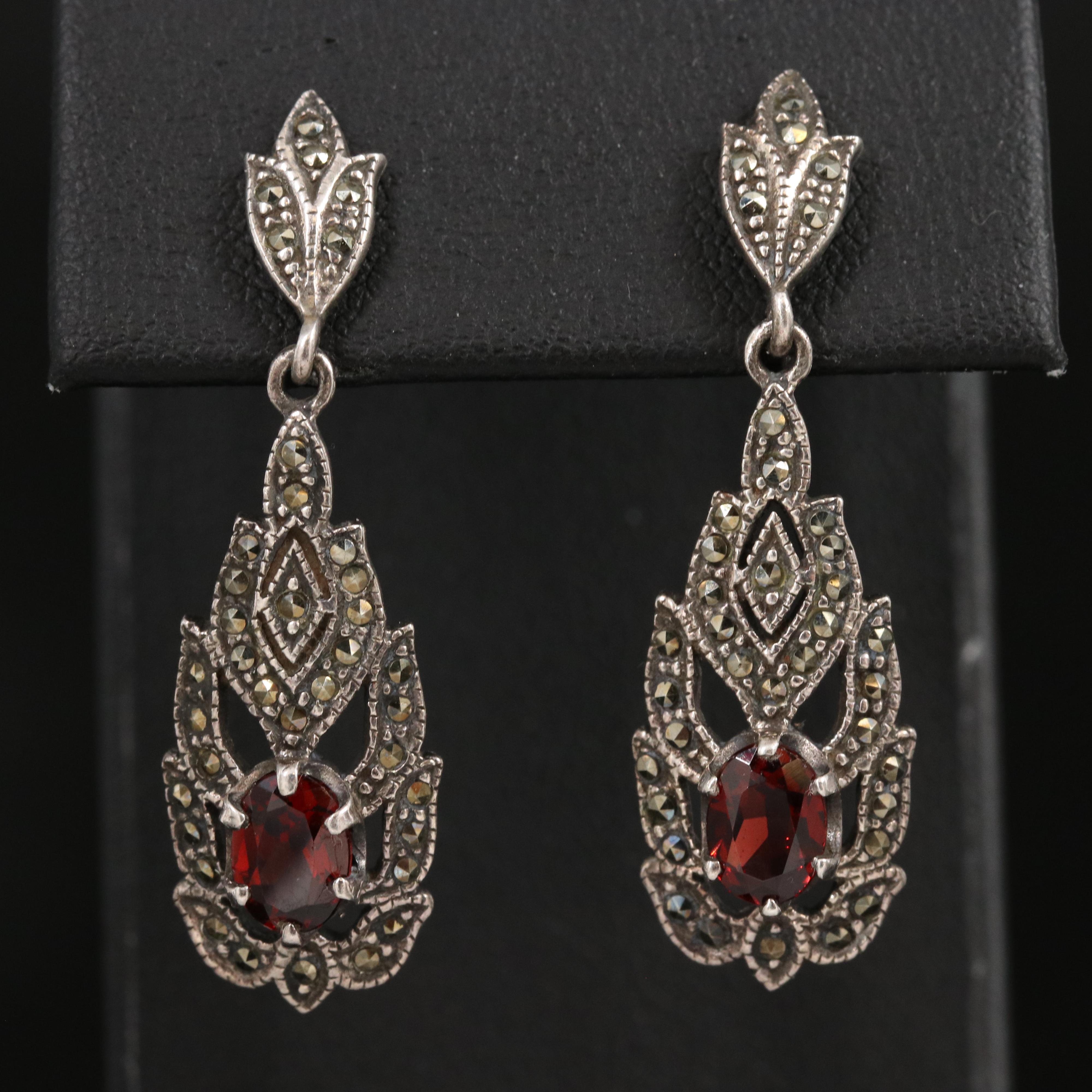 Sterling Garnet and Marcasite Dangle Earrings