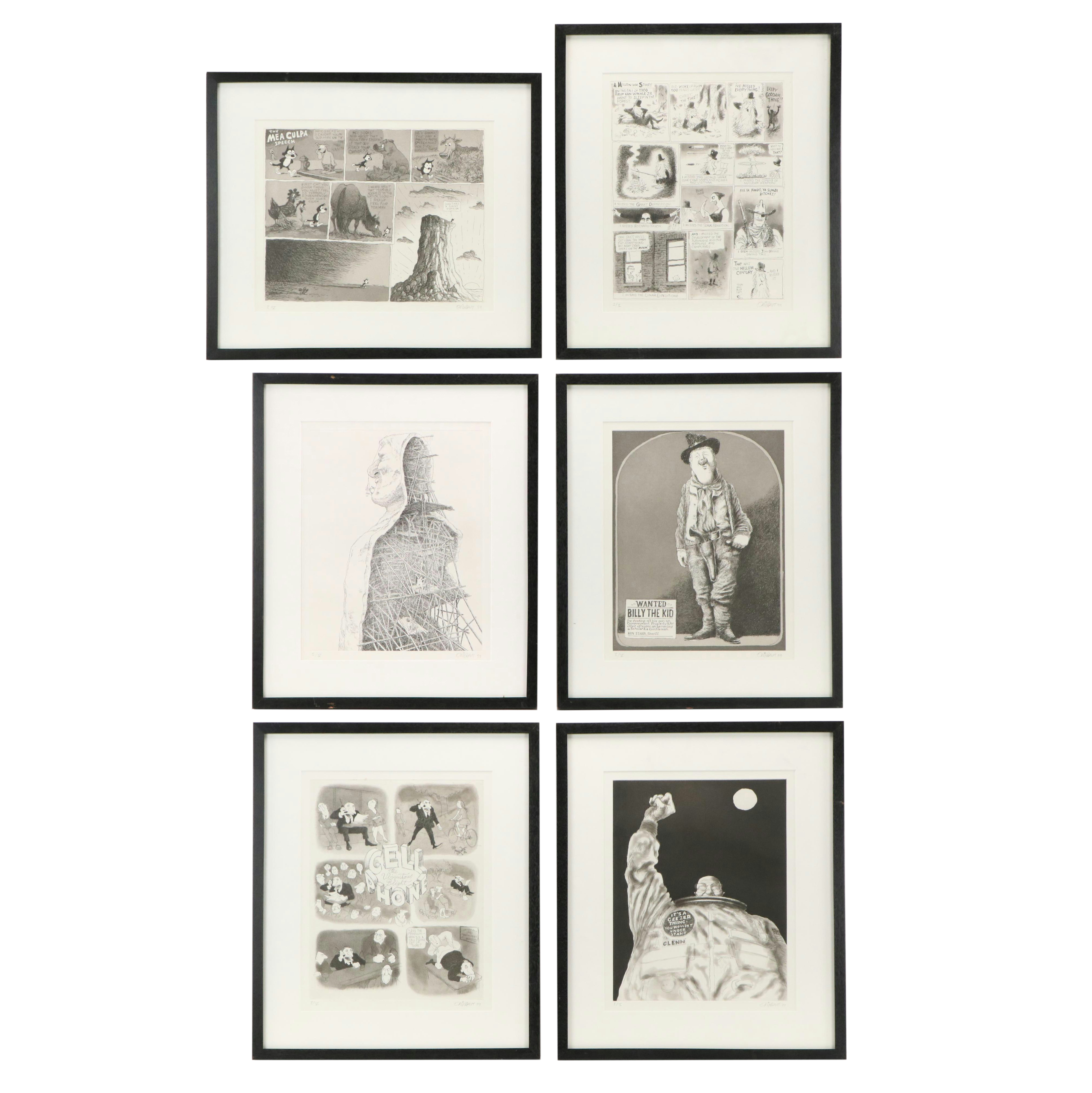 Patrick Oliphant Landfall Press Portfolio of Six Cartoon Etchings, 1999