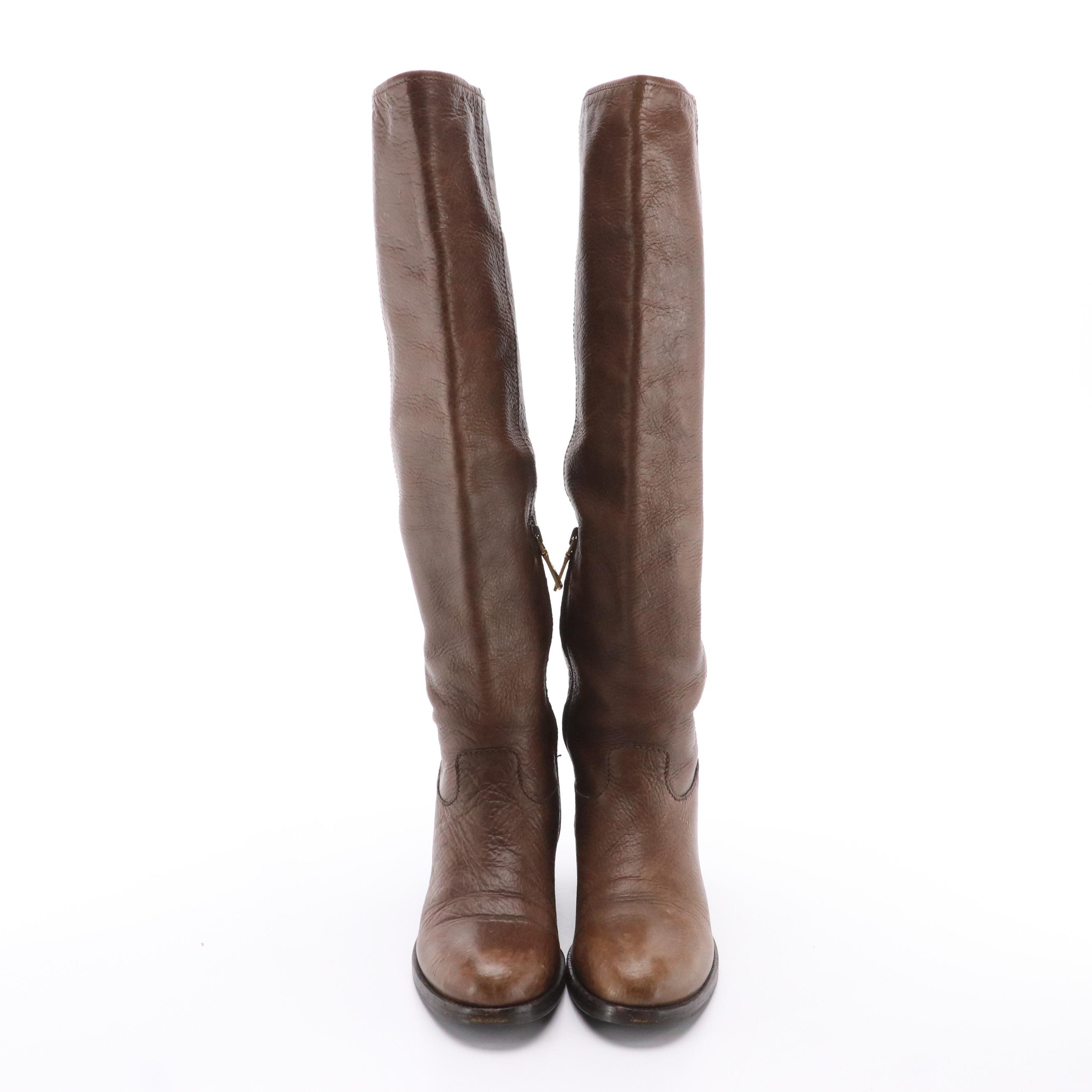 Prada Brown Grain Leather Tall Boots with Buckle Detail