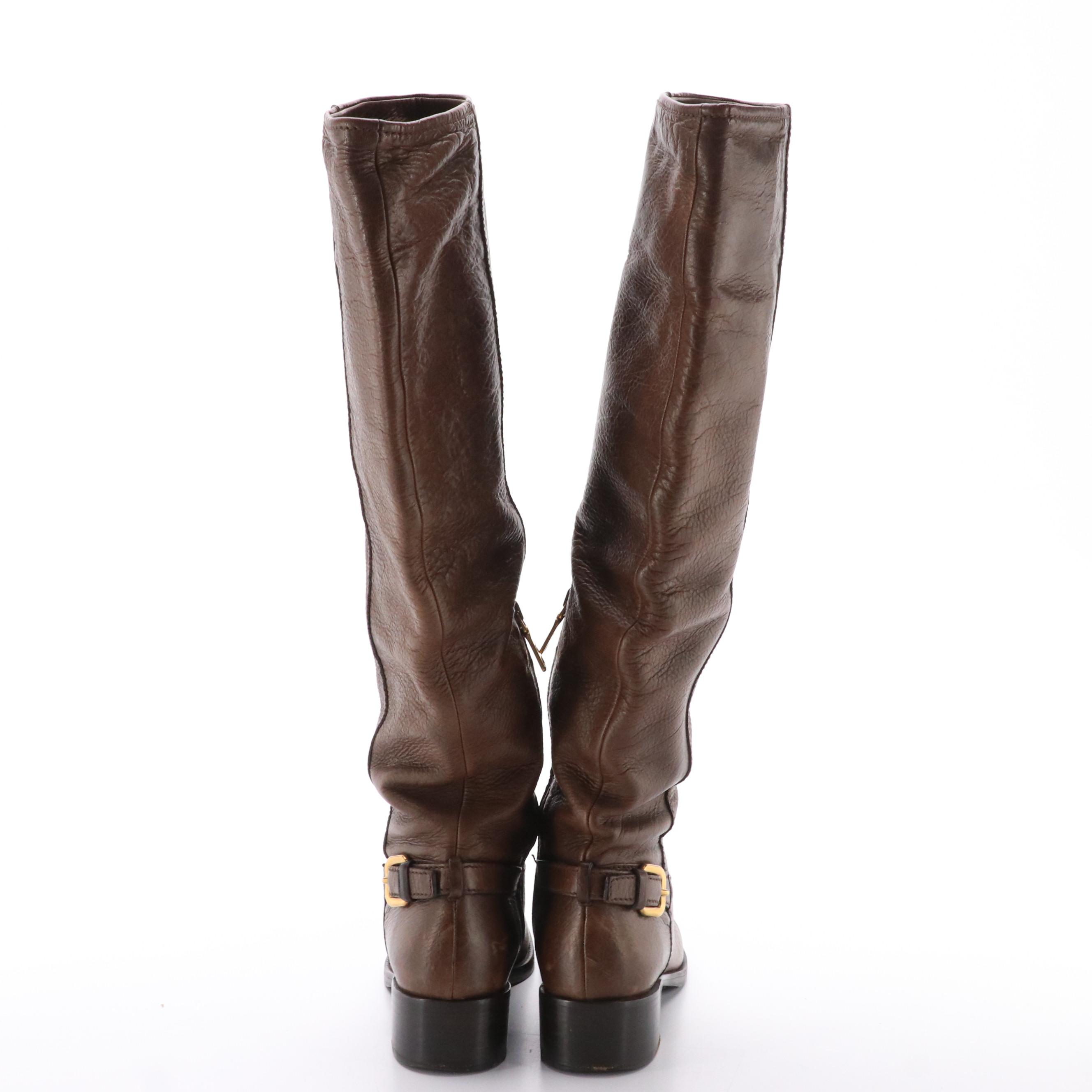 Prada Brown Grain Leather Tall Boots with Buckle Detail