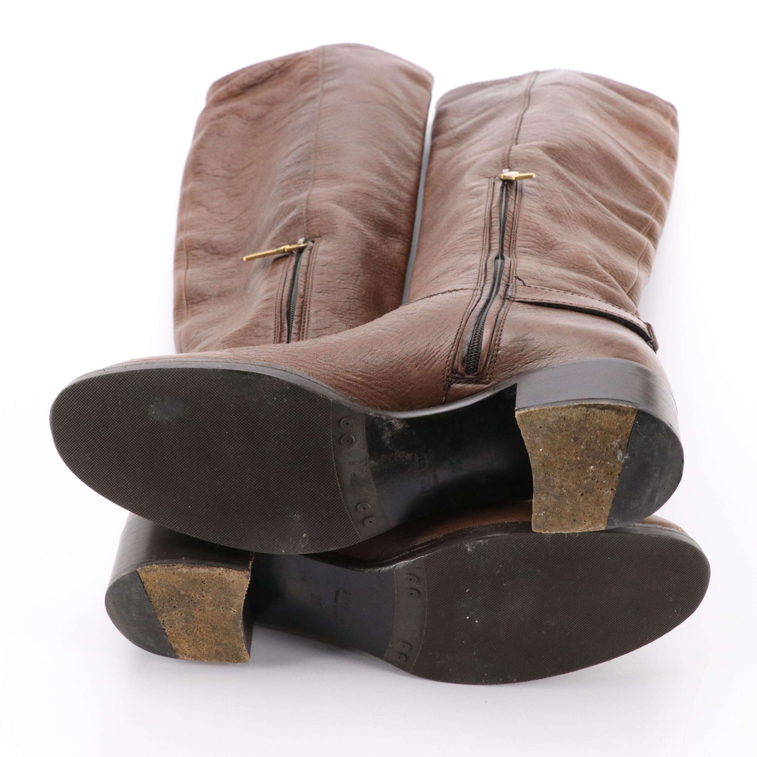 Prada Brown Grain Leather Tall Boots with Buckle Detail