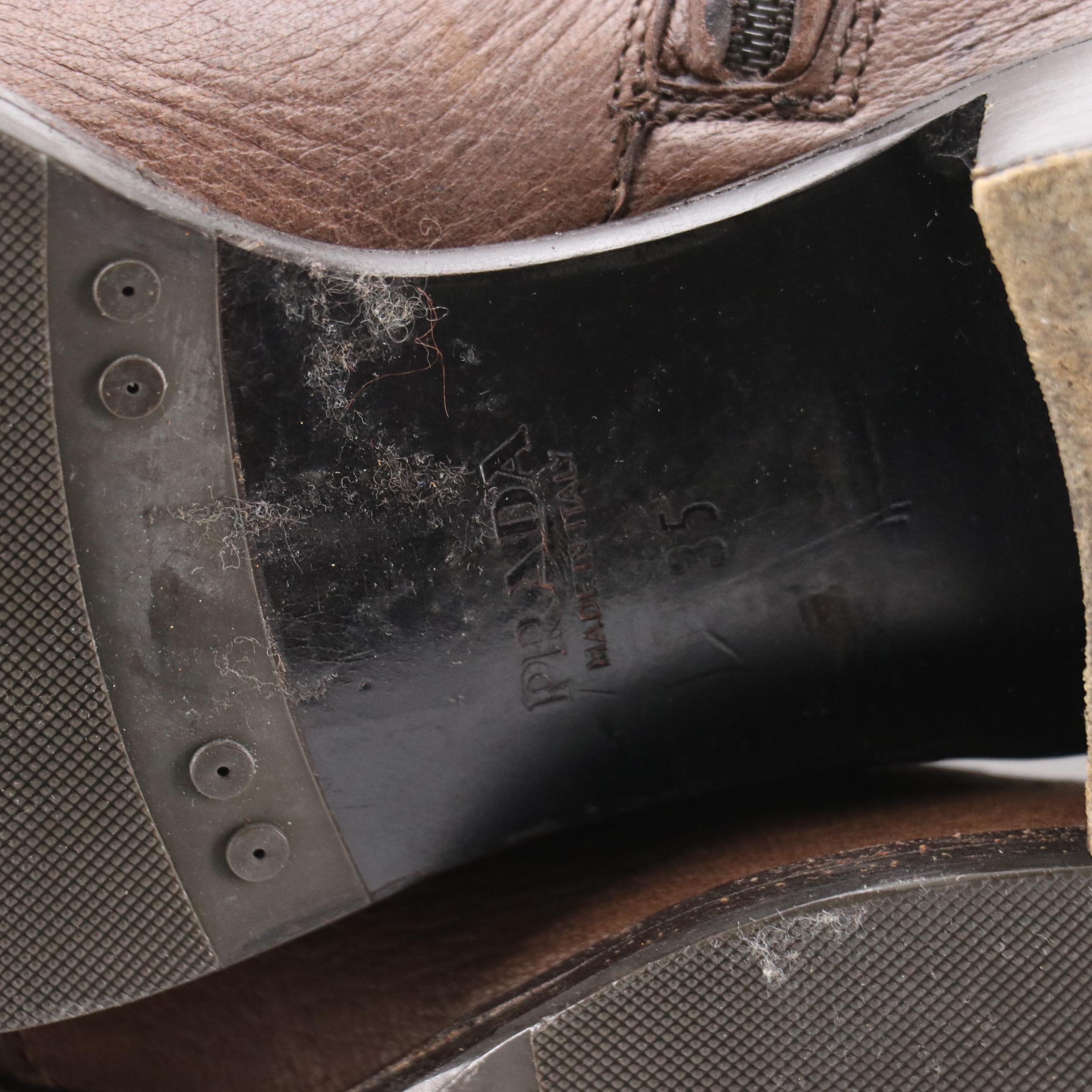 Prada Brown Grain Leather Tall Boots with Buckle Detail