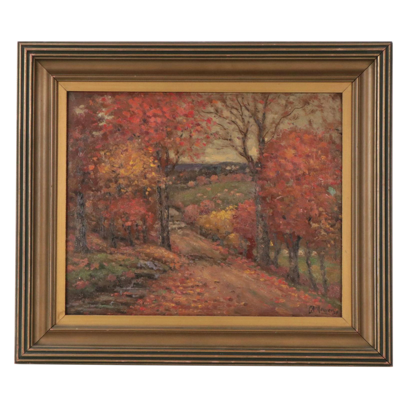 Charles A. Meurer Autumnal Landscape Oil Painting with Wooded Path, 1939