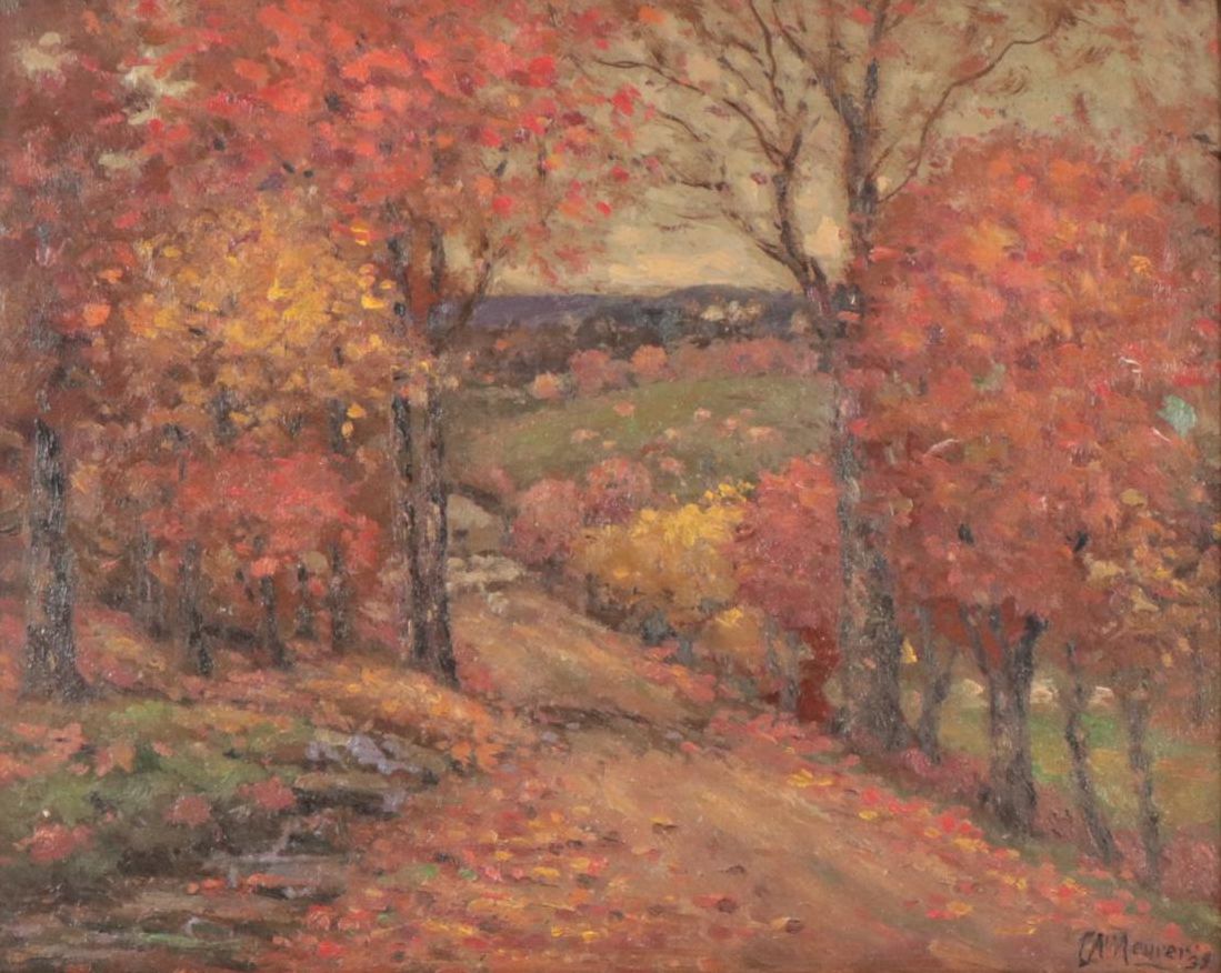 Charles A. Meurer Autumnal Landscape Oil Painting with Wooded Path, 1939