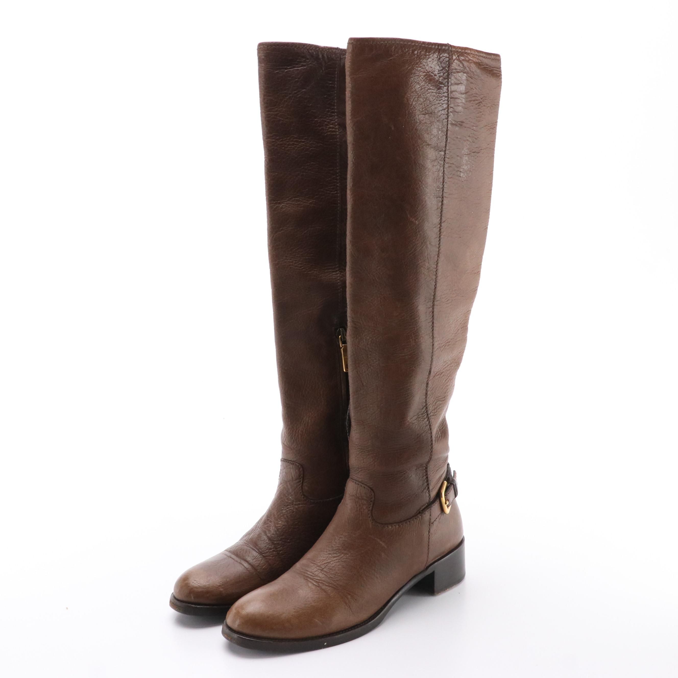 Prada Brown Grain Leather Tall Boots with Buckle Detail