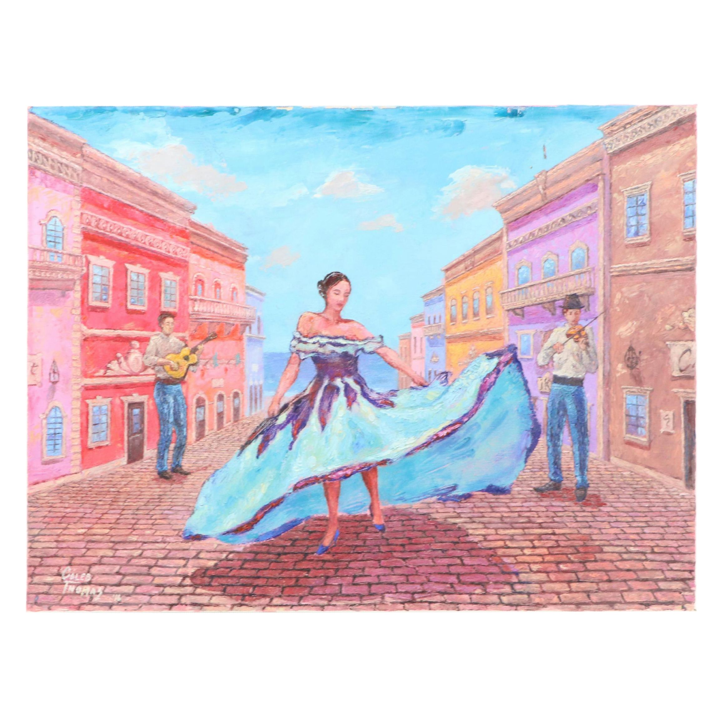 Caleb Thomas Figural European Street Scene Oil Painting, 2016