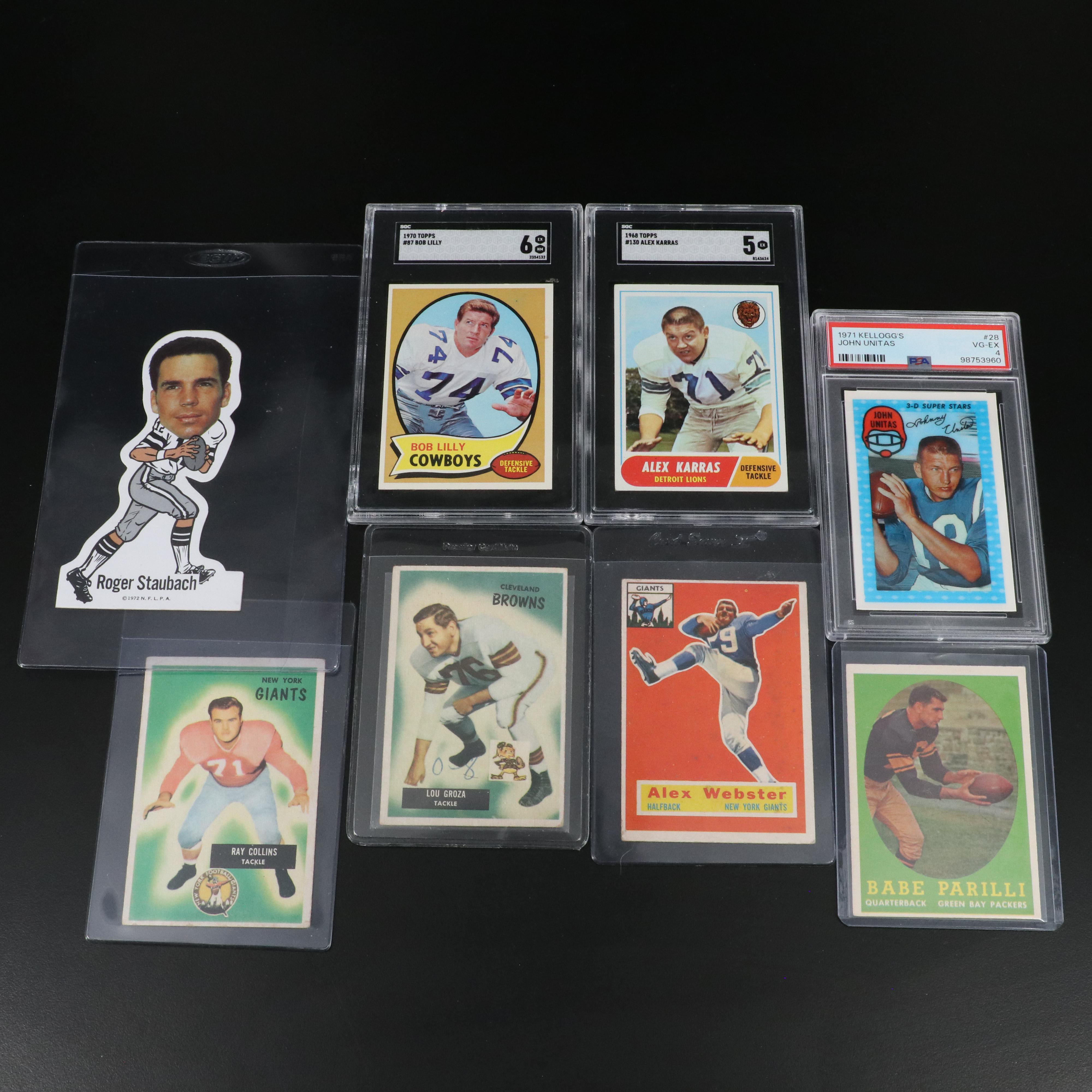 1972 Roger Staubach Rookie Vinyl Sticker with Other Football Cards, 1950s-1970s