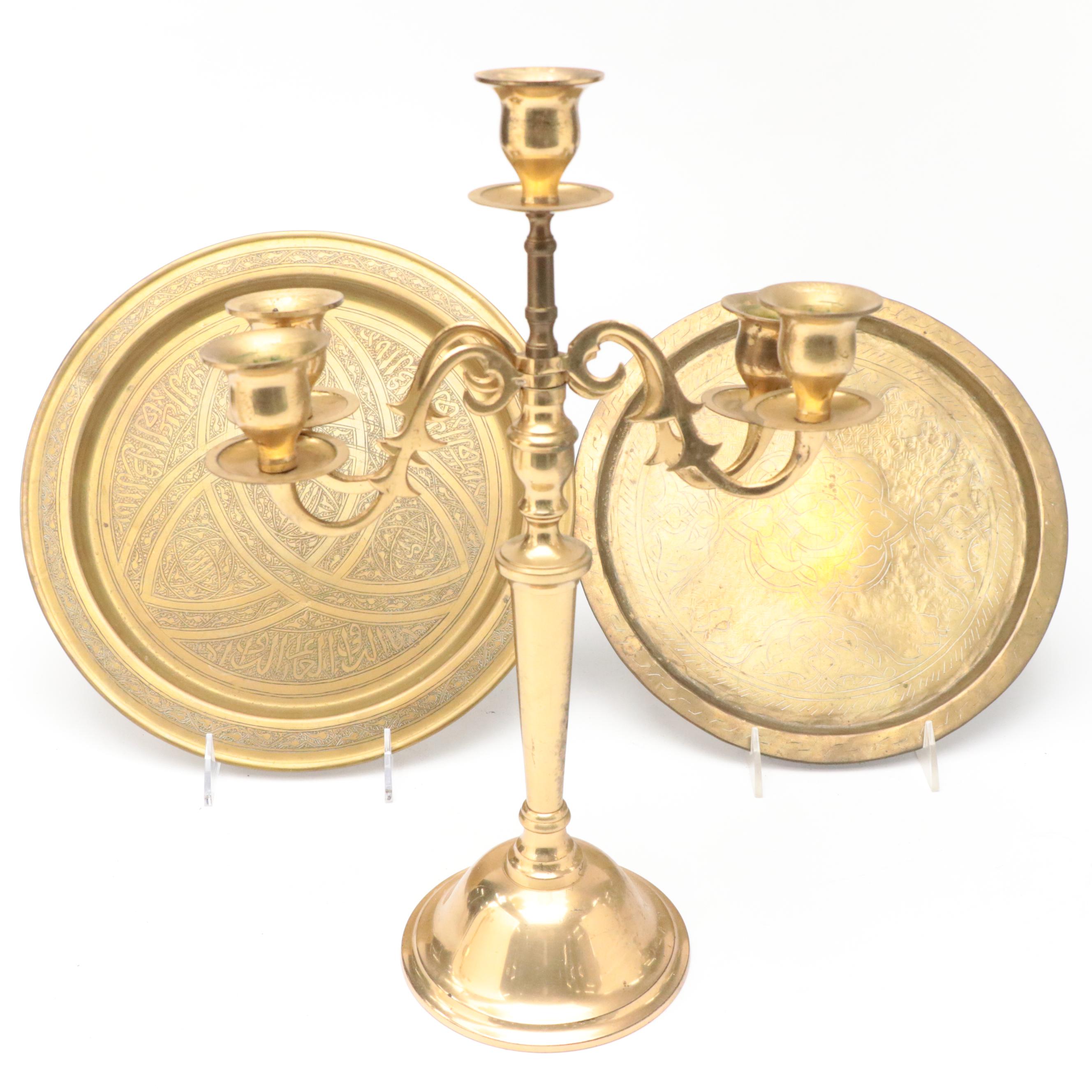 Brass Candelabra with Turkish Coffee Pot, Trays and Trivets, More